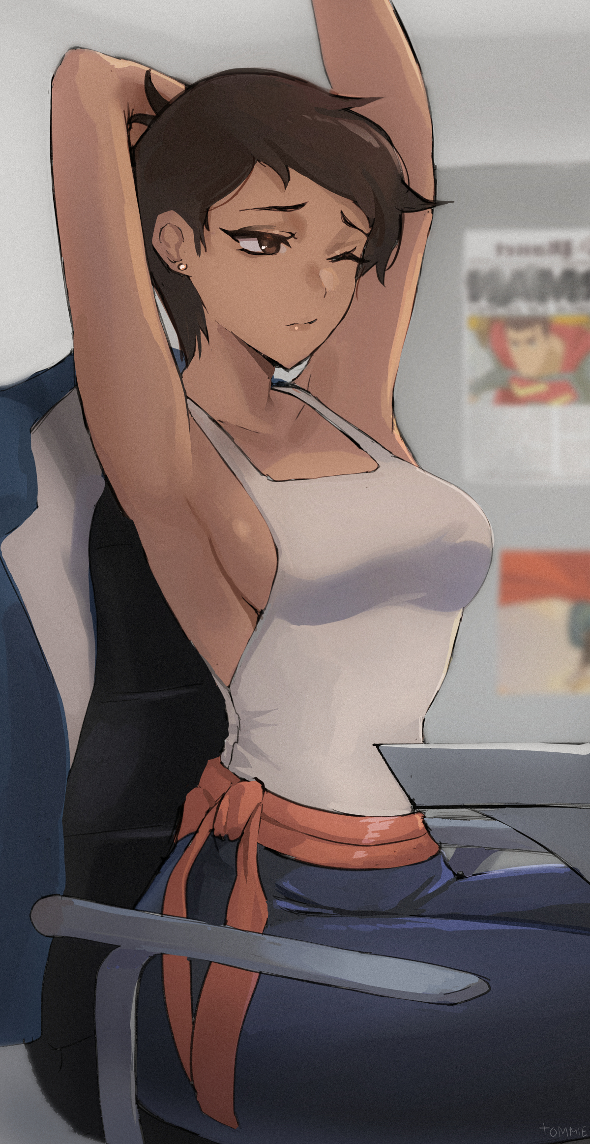 1girls, armpit, armpits, arms up, blush, breasts, brown eyes, clothed, dark skin, dark-skinned female, dc, dc comics, female, fit, fit female, glasses, halter top, halterneck, lois lane, lois lane (my adventures with superman), medium breasts, mostly clothed, my adventures with superman, narrow waist, revealing clothes, short hair, sideboob, staring, stretching, superman (series), tan, tan body, tan skin, tank top, tanned, tanned female, tanned skin, text, thin waist, tight clothing, tight fit, tomboy, tommy (kingdukeee)