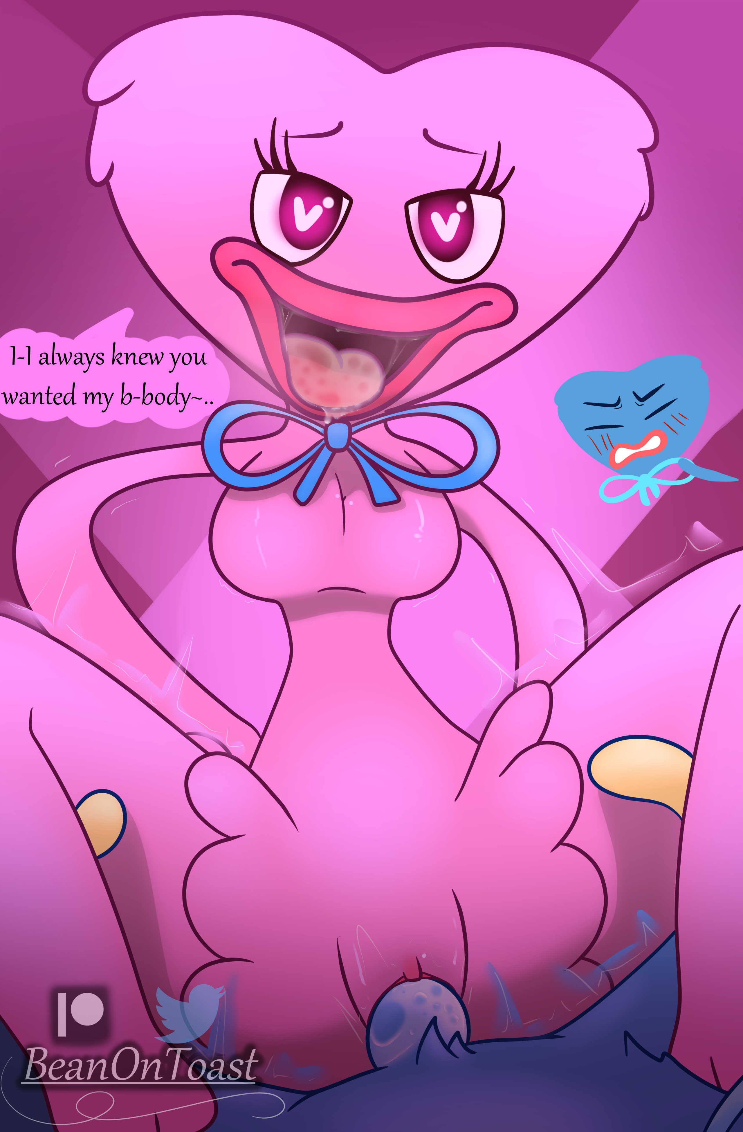 1boy, 1girls, anthro, beanontoast, blush, breasts, dialogue, female, heart eyes, huggy wuggy, in love, kissy missy, male, no nipples, penetration, pink fur, poppy playtime, straight