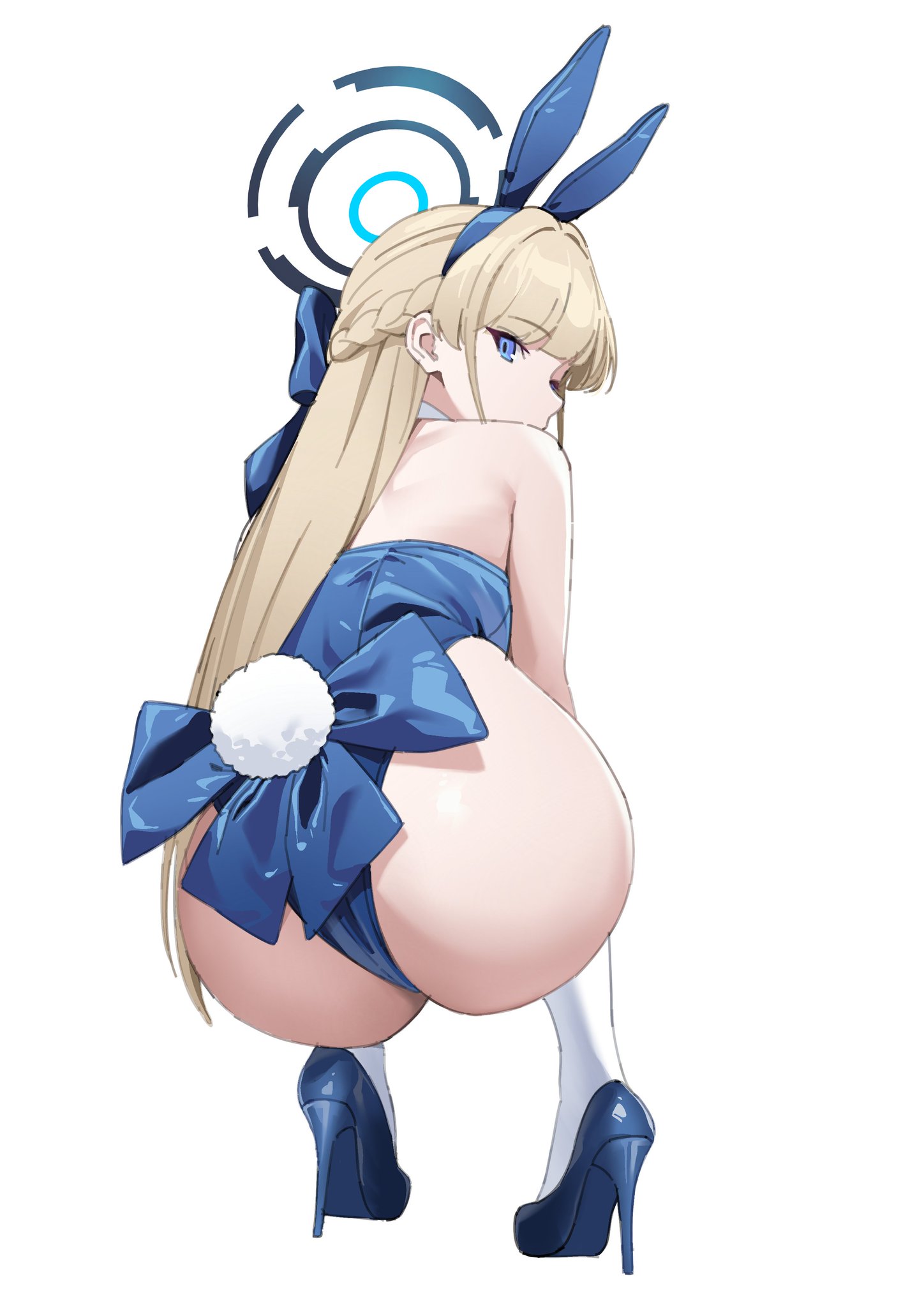 ass, ass focus, blonde hair, blue archive, blue eyes, bunny ears, bunny tail, bunnysuit, cleaning & clearing (blue archive), female, from behind, high heels, huge ass, leotard, looking back, millennium science school student, ribbon, shun0420420, squatting, toki (blue archive), white background, wide hips