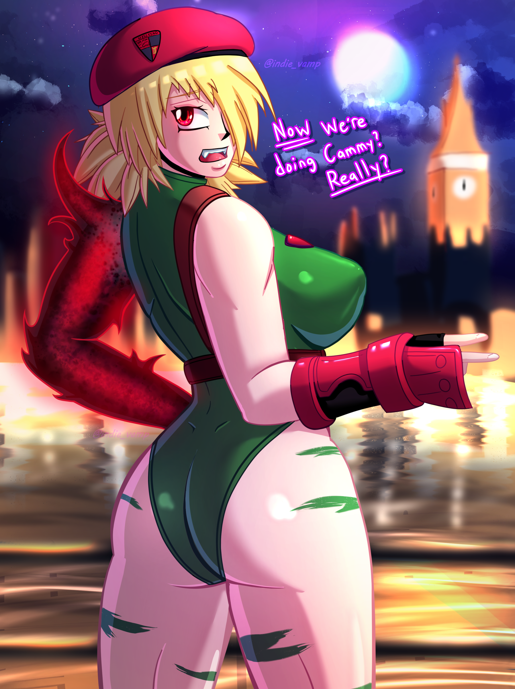 1girls, alternate version available, ass, beret, big ass, big breasts, big butt, blonde hair, breasts, british, cammy white (cosplay), capcom, cosplay, female, hat, hellsing, indievamp, leotard, pinup, red eyes, seras victoria, skin tight, solo, street fighter, street fighter 6, thong leotard, vampire, vampire girl