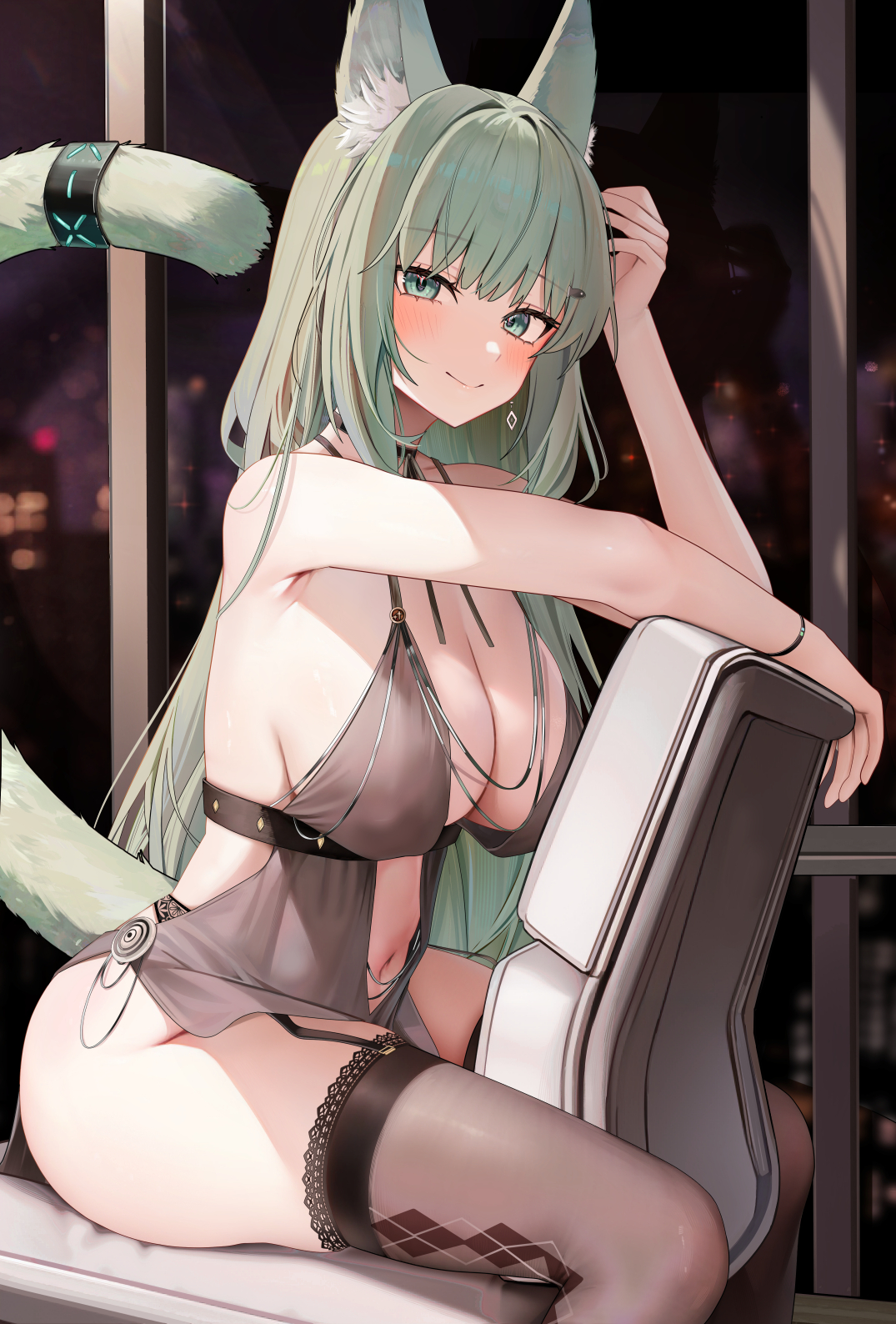 1girls, 2023, alternate costume, animal ear fluff, animal ears, arknights, blush, bracelet, breasts, cat ears, cat girl, cleavage, earrings, feet out of frame, female, garter straps, green eyes, green hair, grey shirt, grey thighhighs, hair ornament, hairclip, hand up, harmonie (arknights), hi res, indoors, infection monitor (arknights), jewelry, large breasts, long hair, looking at viewer, multi ear, navel, negligee, night, open clothes, open shirt, ru zhai, shirt, sitting, sleeveless, sleeveless shirt, smile, solo, spaghetti strap, tail, tail ornament, tail ring, thighhighs, thighs, very long hair, window