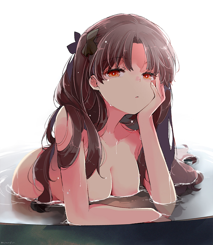 1girls bored bored_expression fate_(series) female female_only human ishtar_(fate) ishtar_(fate/grand_order) large_breasts lounging myameco nipples nude partially_submerged solo water