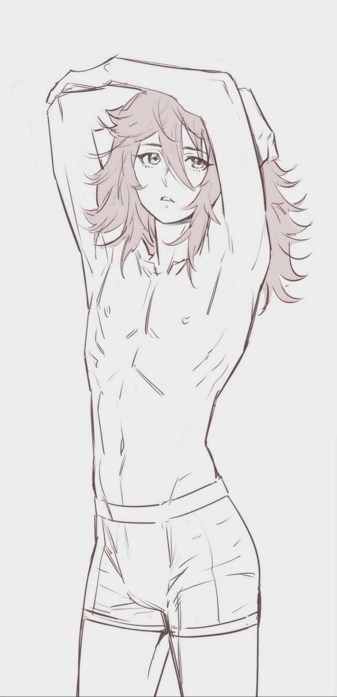 1boy, almost naked, angel devil (chainsaw man), artist request, chainsaw man, cute face, feminine male, gay, long hair, male, red hair, twink, underwear