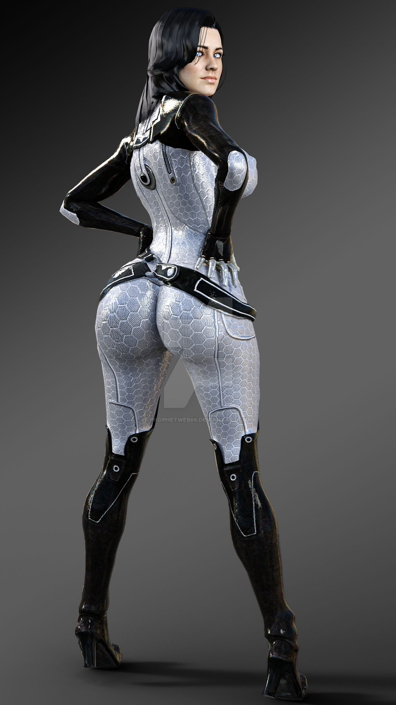 1girls, 3d, 3d (artwork), ass, big ass, big breasts, bioware, black hair, blue eyes, bodysuit, breasts, curvaceous, curvy, curvy figure, deviantart watermark, electronic arts, eyebrows, eyelashes, eyes, female, female only, heel boots, hips, hourglass figure, huge ass, huge breasts, human, large breasts, light skin, light-skinned female, looking at viewer, looking back, mass effect, mass effect 2, mass effect 3, miranda lawson, prophetweb66, rear view, round ass, slim waist, solo, thigh boots, watermark