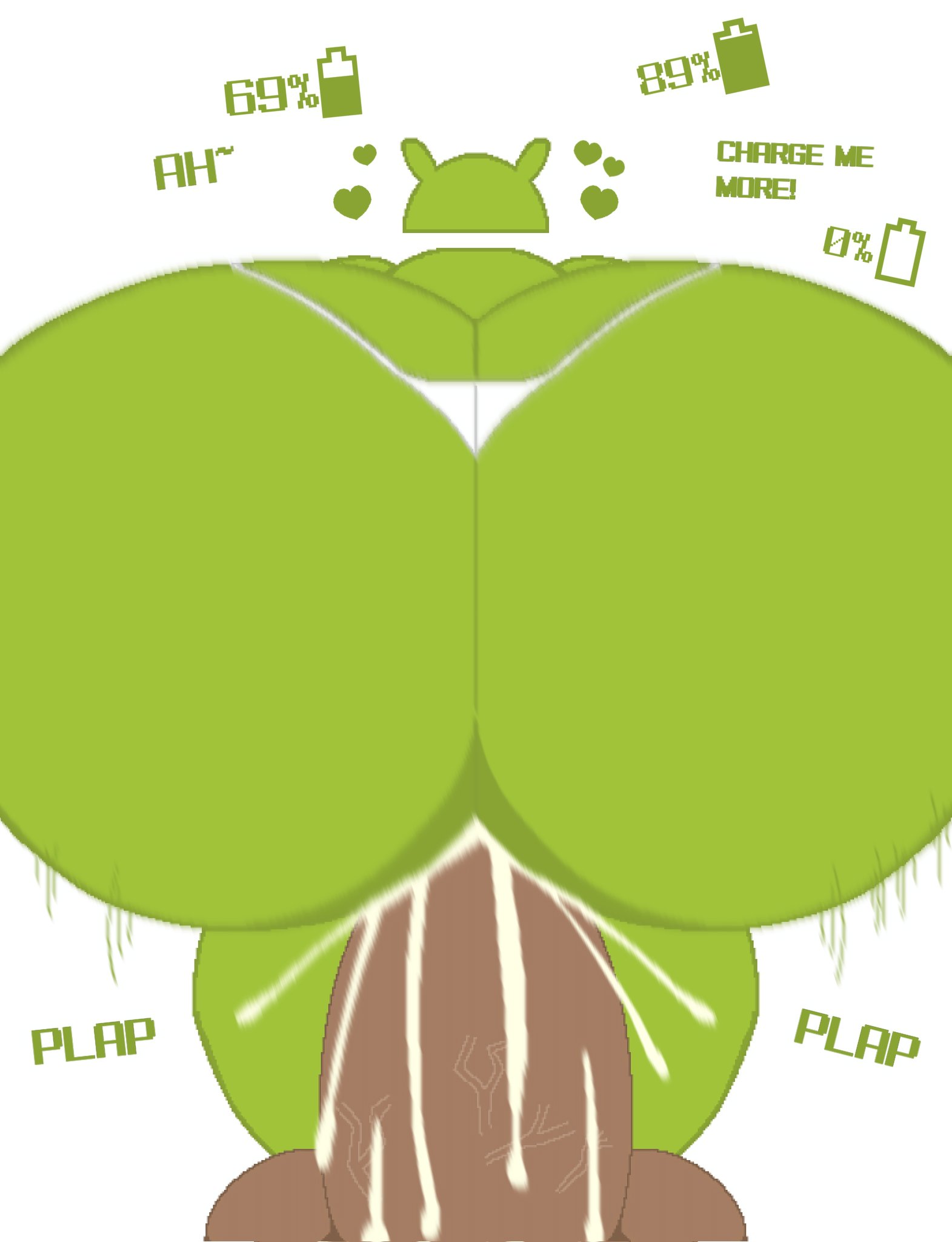 anal, anal sex, android (os), ass, ass cleavage, ass crack, ass focus, big ass, big butt, bubble ass, bubble butt, bugdroid, butt crack, cum, dark skin, dark-skinned male, huge ass, male, non-human, sex, sitting, sitting on lap, sitting on person, text, toony, videogamedunky