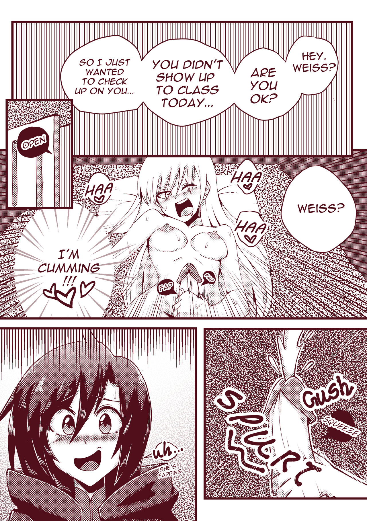 1futa, 1girls, 2022, acefish, areolae, big penis, breasts, clothed, clothing, comic, dialogue, duo, english text, erection, female, fully clothed, futanari, human, intersex, masturbation, monochrome, nipples, nude, on back, penis, ruby rose, rwby, text, uncensored, weiss schnee