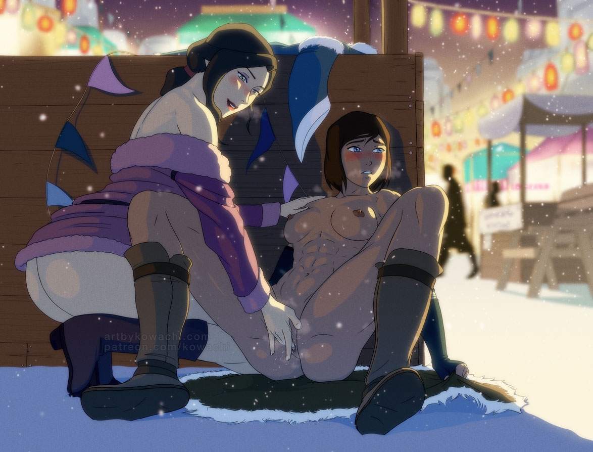 2girls, abs, asami sato, avatar legends, blush, blushing at partner, breasts, canon couple, chocolate and vanilla, clothes on floor, dark skin, dark-skinned female, exhibitionism, exposed breasts, exposed pussy, female, finger fuck, fingering, fingering partner, gripping, interracial, korra, kowachi, light skin, light-skinned female, multiple females, multiple girls, muscular, muscular female, naked boots, naked footwear, outdoors, outside, ponytail, public, public nudity, public sex, pussy, short hair, spread legs, stealth, stealth fingering, stealth sex, the avatar, the legend of korra, two fingers in pussy, water tribe, wet pussy, yuri