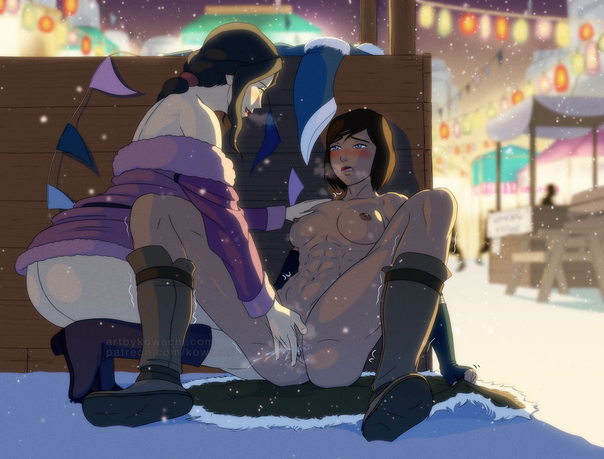 2girls, abs, asami sato, avatar legends, blush, blushing at partner, breasts, canon couple, chocolate and vanilla, clothes on floor, dark skin, dark-skinned female, exposed breasts, exposed pussy, female, finger fuck, fingering partner, gripping, interracial, korra, kowachi, light skin, light-skinned female, malicious smile, moaning, moaning in pleasure, multiple females, multiple girls, muscular, muscular female, naked boots, naked footwear, outdoors, outside, ponytail, public, public nudity, public sex, pussy, short hair, snow, squirting, stealth fingering, stealth sex, the avatar, the legend of korra, water tribe, wet pussy, yuri