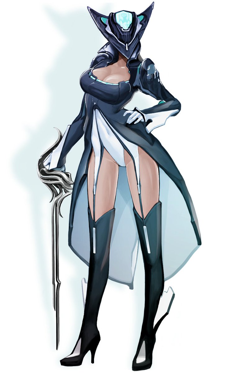 2d_(artwork) breasts cleavage clothing dull_xaoc genderswap_(mtf) high_heels hips holding_weapon large_breasts limbo_(warframe) simple_background thighs warframe white_background