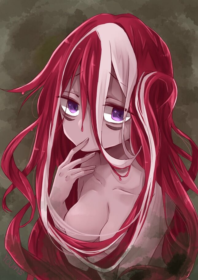 bags_under_eyes cleavage convenient_censoring female female_only finger_to_mouth hair_censor half-closed_eyes long_hair made_in_abyss medium_breasts messy_hair nude purple_eyes red_hair solo two_tone_hair upper_body very_long_hair vueko youms