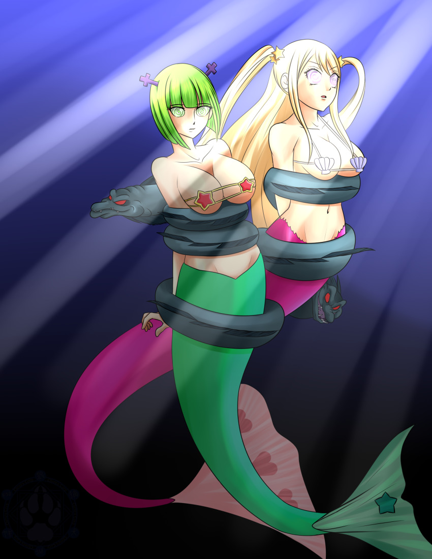 2girls absurd_res alternate_form bare_arms bare_shoulders bikini bikini_top blonde_hair blush bondage bra brandish_mew breasts collarbone fairy_tail fish_tail full_body green_hair hair_tie hi_res hypnosis large_breasts long_hair lucy_heartfilia mermaid mermaid_tail mermaid_transformation micro_bikini mind_control multiple_girls shell shell_bikini short_hair spiral_eyes suprised symbol-shaped_pupils twintails underboob underwater