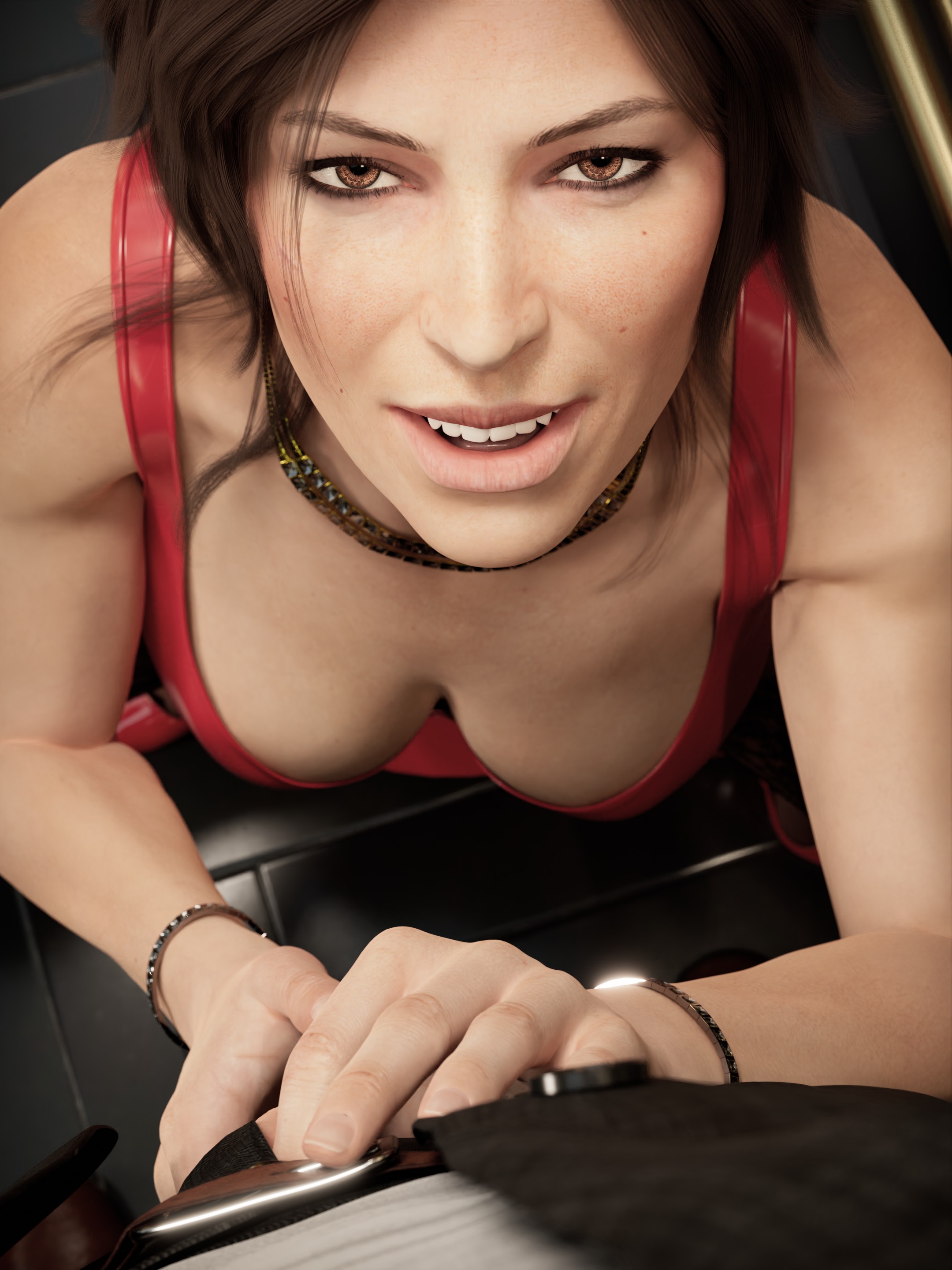 1boy, 1girls, 3d, big breasts, breasts, brown eyes, brown hair, busty, cleavage, dress, elisanetishar, female, female focus, imminent fellatio, kneeling, lara croft, lara croft (survivor), latex dress, looking down, male, male pov, pov, pov eye contact, red dress, smile, straight, tagme, tomb raider, tomb raider (survivor), unzipped pants
