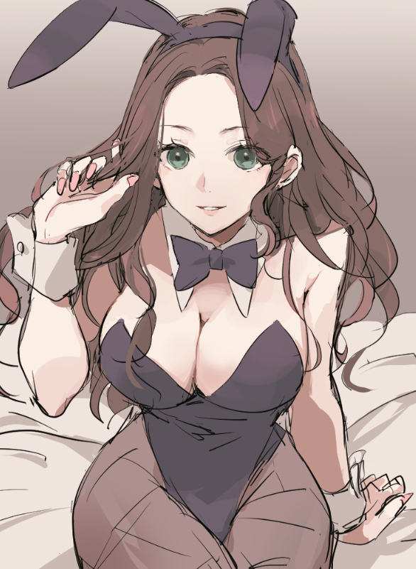 1girls, alternate costume, animal ears, black bow, black bowtie, black leotard, black pantyhose, bow, bowtie, breasts, brown hair, bunny ears, bunny girl, bunnysuit, cleavage, commentary, detached collar, dorothea arnault, fake animal ears, female, female only, fire emblem, fire emblem: three houses, green eyes, hand in own hair, headband, highleg, highleg leotard, ktnamgmfe, large breasts, leotard, long hair, looking at viewer, nail polish, pantyhose, playboy bunny, rabbit ears, sketch, solo, tenjin (ahan), wrist cuffs