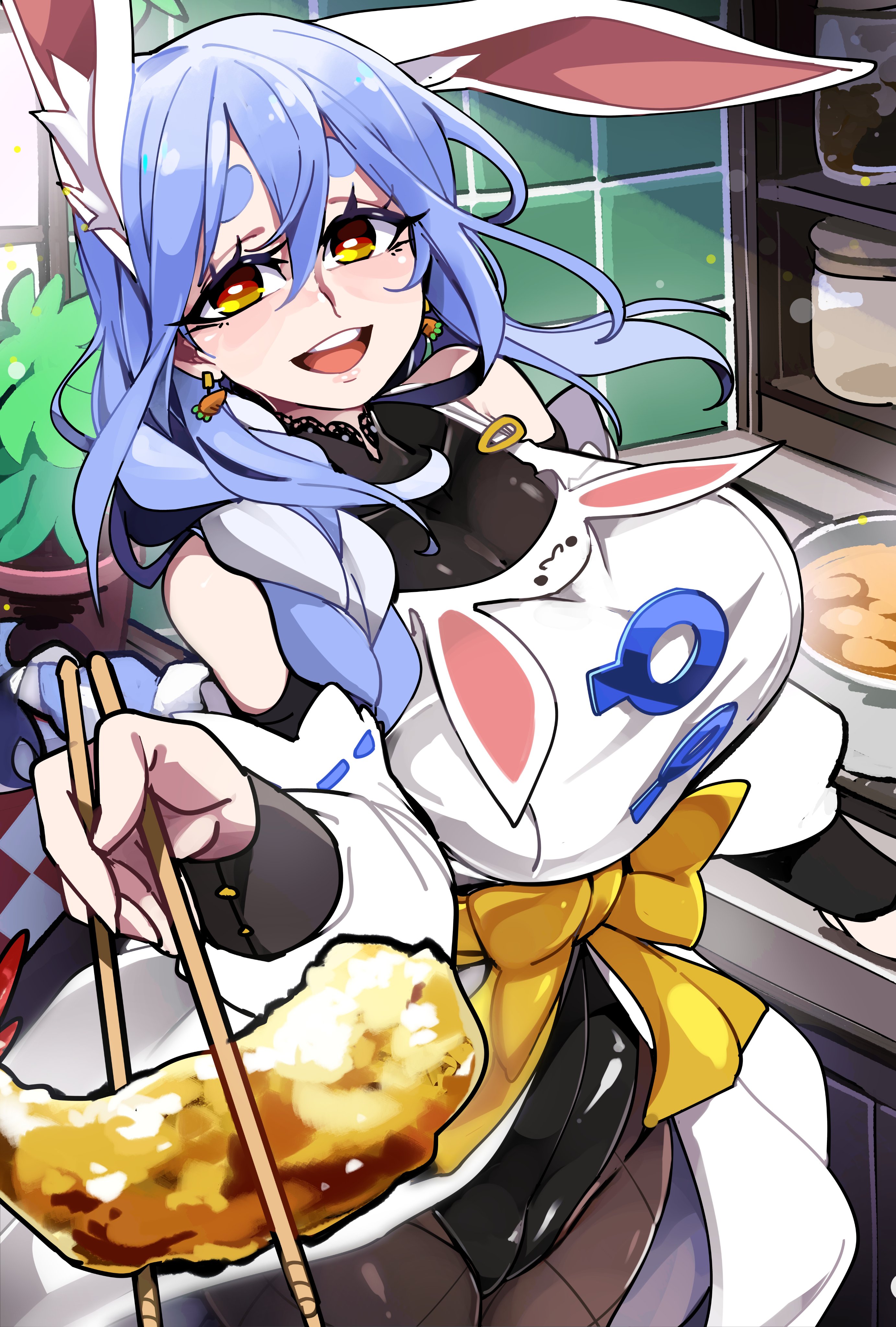 1girls, absurd res, amber eyes, apron, big breasts, blue hair, bongfillstudent, bongftah, breasts, bunny ears, bunny girl, cooking, female, female only, food, hololive, hololive fantasy, hololive japan, kitchen, long hair, looking at viewer, milf, pekomama, smiling, smiling at viewer, solo, virtual youtuber