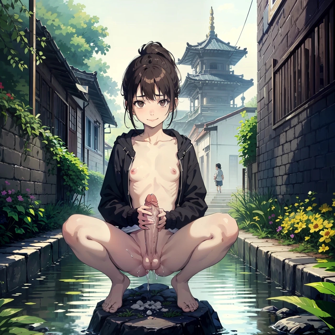 1futa, ai generated, barely clothed, black jacket, breasts, brown eyes, brown hair, enjuuji, flat chest, futa only, futanari, hitomi kato, holding penis, intersex, looking at viewer, pale skin, pale-skinned futa, penis, plant, ponytail, shortstack, small breasts, sole futa, temple, water