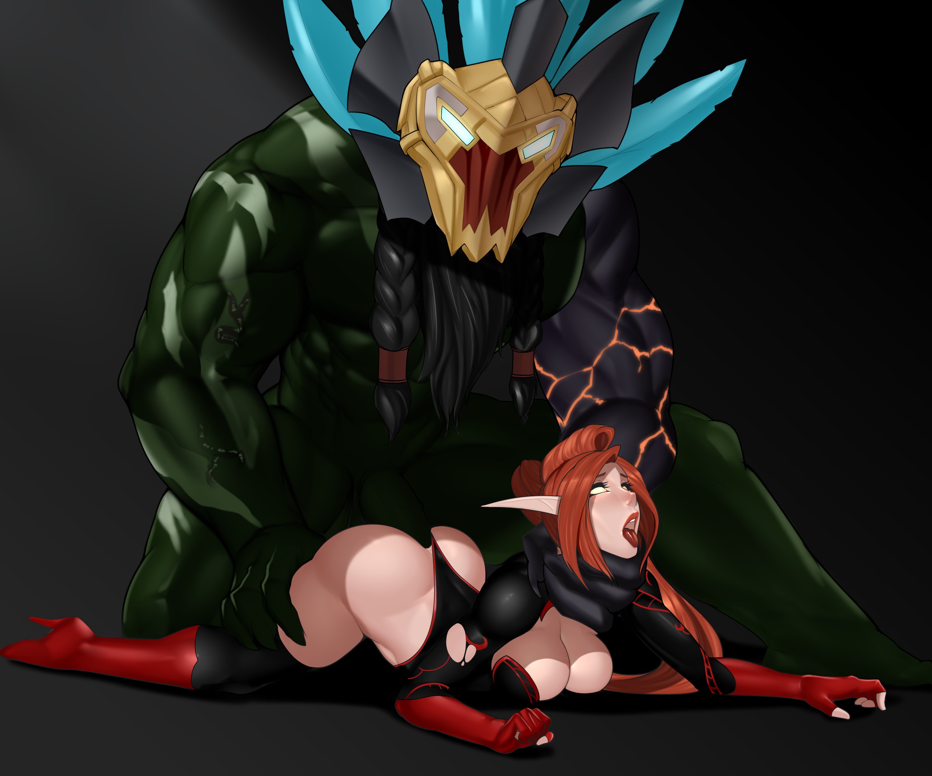 1boy, 1girls, ahe gao, blizzard entertainment, blood elf, choking, crocodilchik, elf female, female, gold eyes, green skin, high heel boots, high heels, interspecies, light skin, light-skinned female, male, malessa dawnrose, monster, neck grab, open mouth, orc, orc (warcraft), orc male, original character, prone bone, red hair, sex, thick thighs, thighhighs, vaginal penetration, vaginal sex, warcraft, world of warcraft