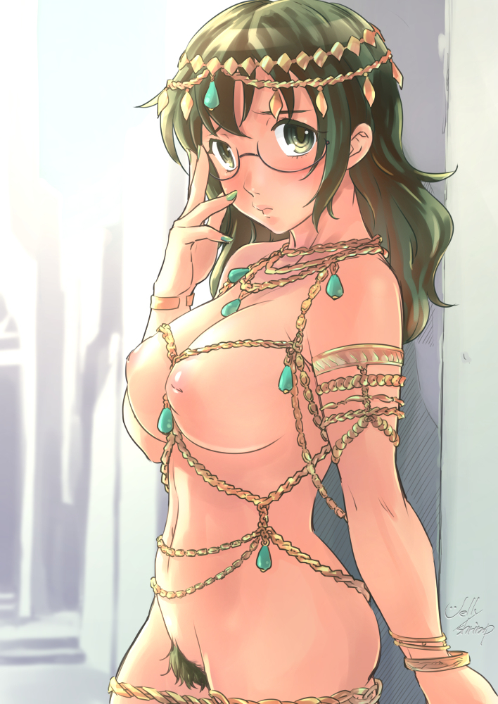 1girls busty cowboy_shot female female_focus female_only glasses green_eyes green_hair hourglass_figure inverted_nipples jelly_shrimp matching_hair/eyes nipples nude nude_female nudity pinup pubes pubic_hair solo standing tessou_tsuzuri to_aru_kagaku_no_railgun tribal wide_hips