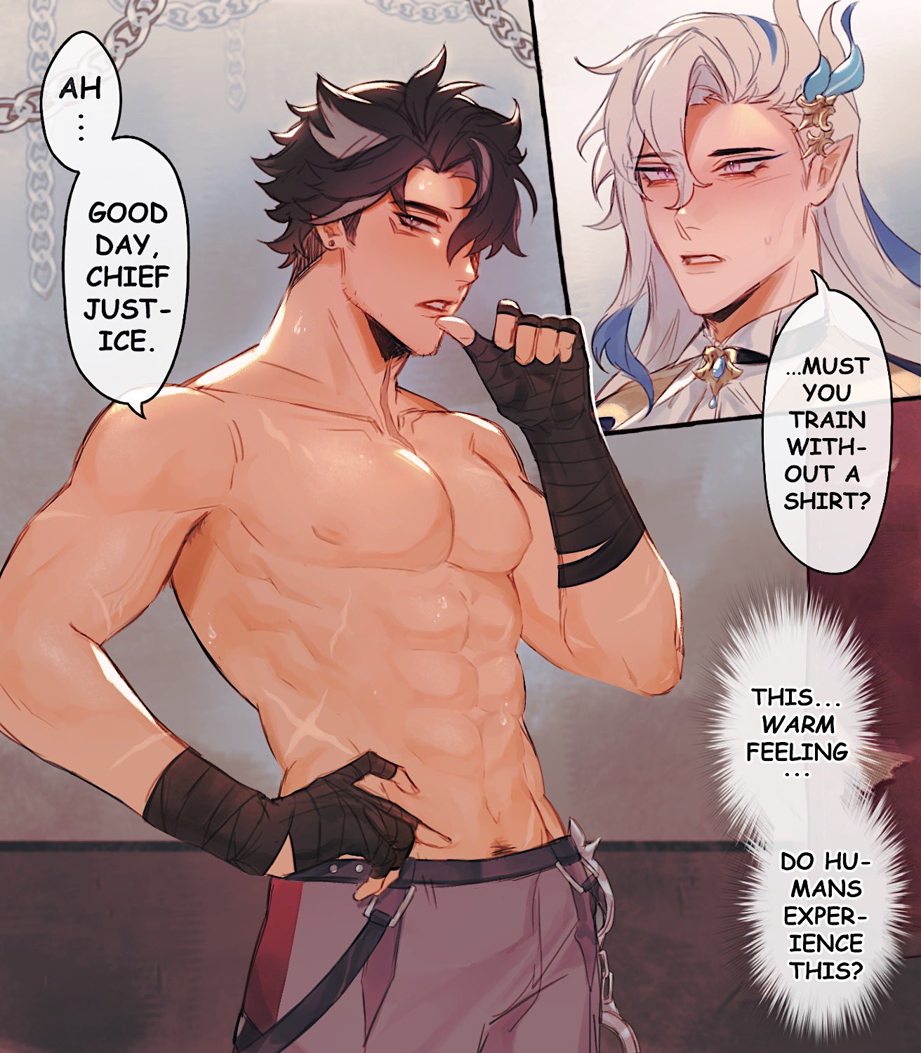 2boys, abs, blushing, enesfwee, gay, genshin impact, male, male focus, male only, muscles, neuvillette (genshin impact), partially clothed, posing, pubes, scars all over, wriothesley (genshin impact), yaoi