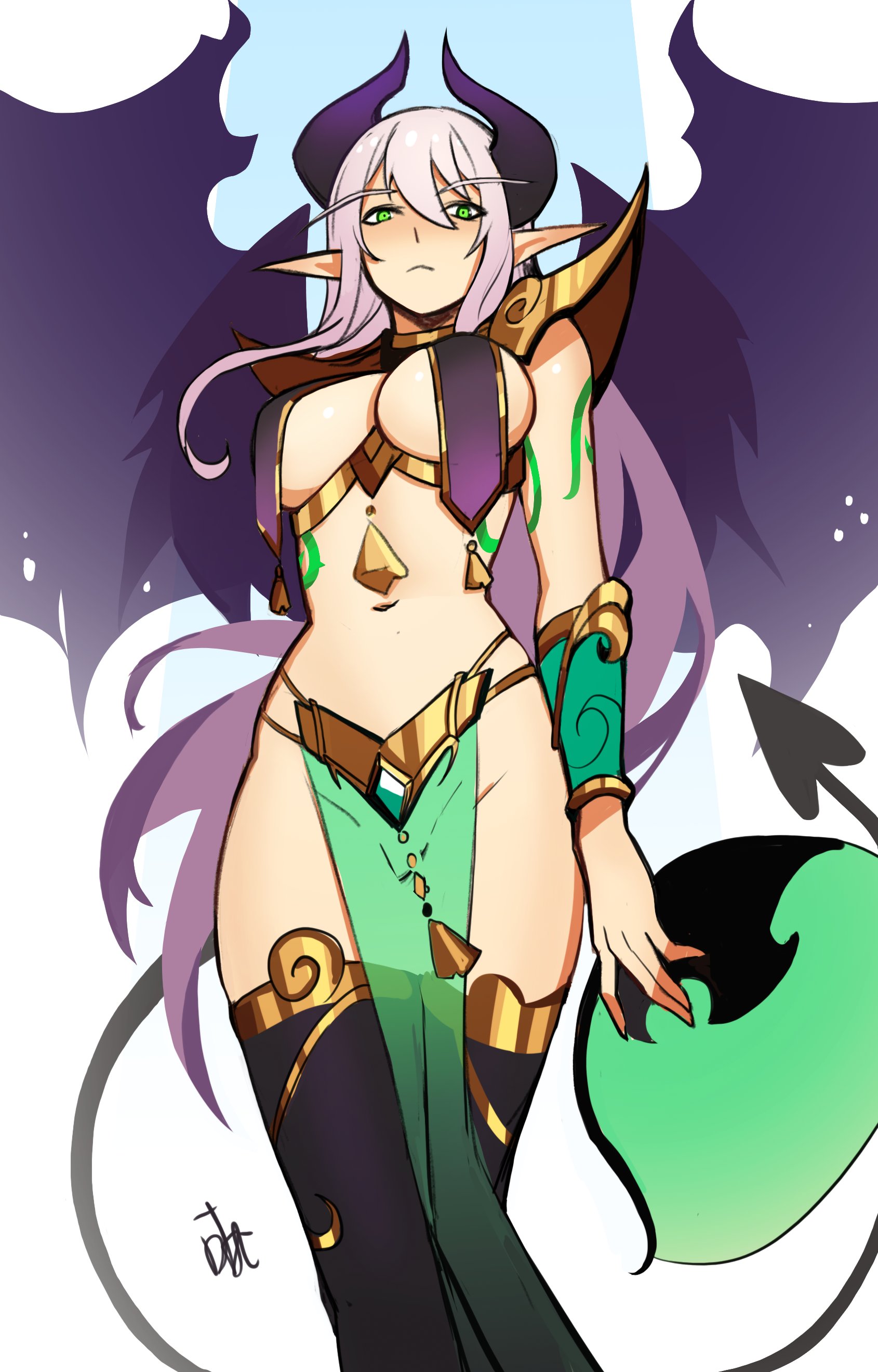 1girls, big breasts, blizzard entertainment, blood elf, breast curtains, breasts, demon hunter, female, green eyes, horns, ixtab felfall, light skin, light-skinned female, ninra, original character, see-through, see-through clothing, solo, thick thighs, thighhighs, warcraft, white hair, world of warcraft