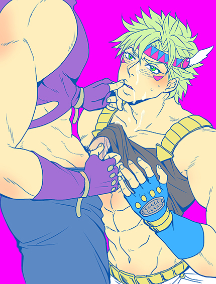 2boys battle_tendency blonde_hair caesar_zeppeli clothed cum cum_on_face duo erection fingerless_gloves gay gloves jojo's_bizarre_adventure joseph_joestar male male/male male_only muscular_male naizuri pecjob pecjob_under_clothes yaoi