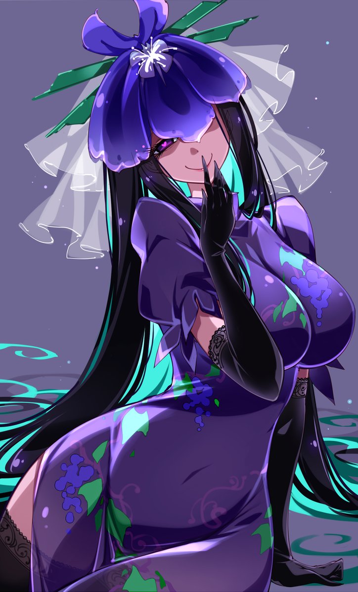 1girls big_breasts black_hair clothed_female curvy curvy_female gloves hat heart-shaped_pupils light-skinned_female long_gloves long_hair purple_background purple_eyes raptor7 seductive_look smile solo solo_female stockings thick_thighs thighs touhou yomotsu_hisami