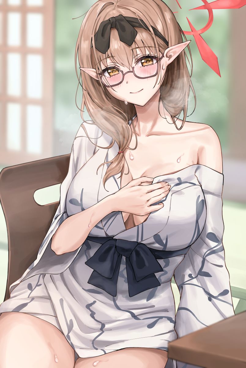 1girls amyu_(amm_asl_pa) bath_yukata black_hairband blue_archive blush breasts brown_hair chinatsu_(blue_archive) chinatsu_(hot_spring)_(blue_archive) closed_mouth commentary_request female gehenna_academy_student glasses hairband halo highres huge_breasts japanese_clothes kimono looking_at_viewer off_shoulder on_chair pointy_ears prefect_team_(blue_archive) shy sitting sitting_sideways smile solo sweat voluptuous yellow_eyes yukata