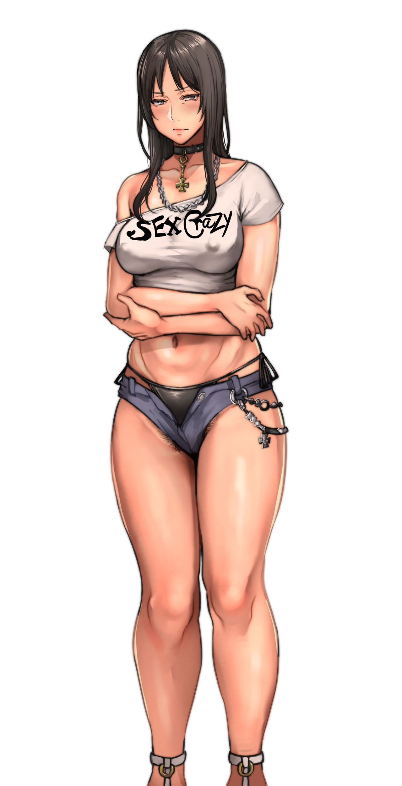 1girls, 2019, absurd res, bare arms, bare legs, black eyes, black hair, black panties, blush, breasts, clothes writing, clothing, collar, crop top, crossed legs, english text, female, female only, grey shirt, highres, jewelry, long hair, looking at viewer, matching hair/eyes, mature female, medium breasts, micro shorts, midriff, navel, necklace, nipple bulge, no bra, off shoulder, off-shoulder shirt, original, panties, pepe (jonasan), pubic hair, pubic hair peek, revealing clothes, shirt, short shorts, shorts, side-tie panties, simple background, solo, standing, text, thighs, thong, tight clothing, white background