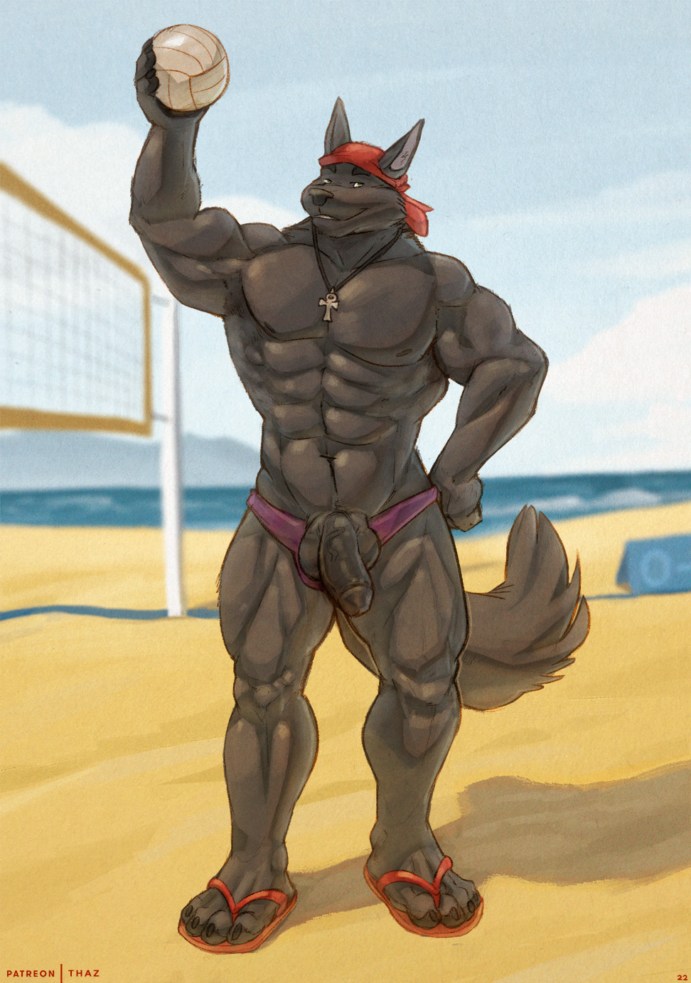 ankh anthro balls bandana beach black_body black_fur canid canine canis clothing footwear fur genitals hi_res humanoid_genitalia humanoid_penis kerchief looking_at_viewer lupine_assassin male mammal muscular penis sandals sea seaside solo sport thaz_(artist) volleyball water wolf