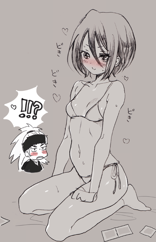 1girls almost_naked before_sex black_hair bleach blush condom expecting kuchiki_rukia micro_bikini on_bed pencil_(artwork) petite petite_body renji_abarai short_hair small_breasts