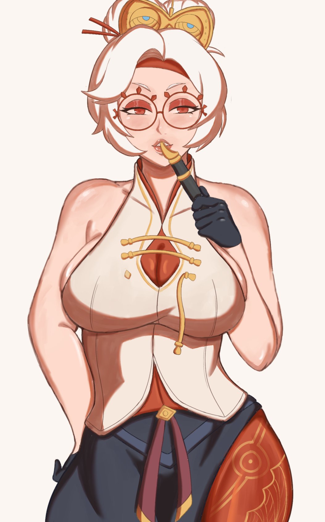 1girls 2023 clothed clothing female female_only flute glasses gloves hair_ornament hi_res looking_at_viewer narrowed_eyes nintendo purah purah_(tears_of_the_kingdom) red_eyes red_eyeshadow round_glasses roverpng sideboob smiling smiling_at_viewer solo tears_of_the_kingdom the_legend_of_zelda three-quarter_portrait tied_hair voluptuous white_background white_hair