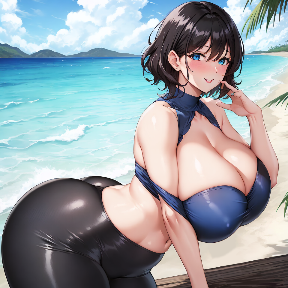 ai_generated beach big_ass big_breasts blouse latex_pants milf neko47 oyuki_hayashi