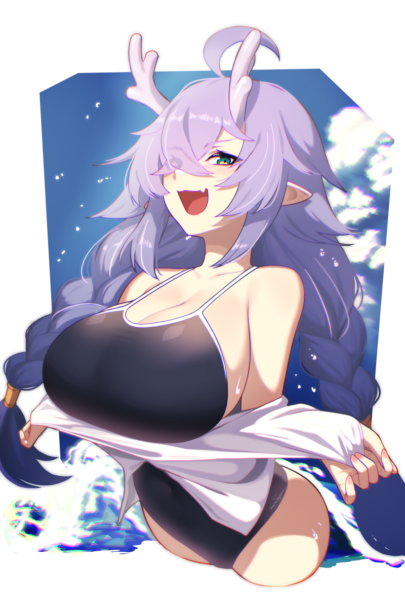 1girls aged_up ahoge alternate_breast_size bailu_(honkai:_star_rail) black_one-piece_swimsuit braid breasts cleavage cropped_legs crossed_bangs cute_fang dev_(dev0614) dragon_girl dragon_horns eyes_visible_through_hair female green_eyes hair_over_one_eye highres honkai:_star_rail honkai_(series) horns huge_breasts light-skinned_female light_skin long_hair looking_at_viewer oerba_yun_fang one-piece_swimsuit open_clothes open_mouth open_shirt pointy_ears purple_hair purple_horns shirt skin_fang solo swimsuit swimsuit_under_clothes twin_braids very_long_hair white_shirt