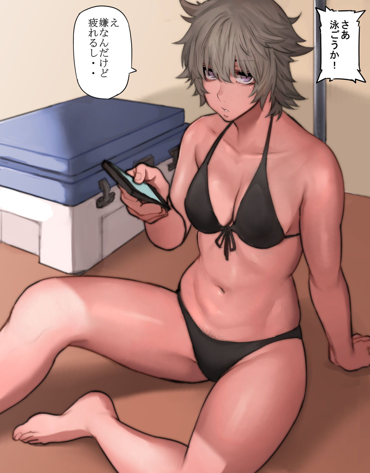 1girls, 2019, barefoot, beach, beach towel, bikini, black bikini, blue eyes, breasts, cleavage, dialogue, feet, female, female only, front-tie bikini, green hair, hair between eyes, highres, holding phone, japanese text, looking at viewer, medium breasts, messy hair, navel, offscreen character, original, outdoors, pepe (jonasan), phone, pubic hair, pubic hair peek, sand, short hair, sitting, smartphone, solo, speech bubble, swimsuit, teeth, text, thighs, toes, tomboy, towel, translated, troublesome grey-haired daughter (pepe (jonasan))