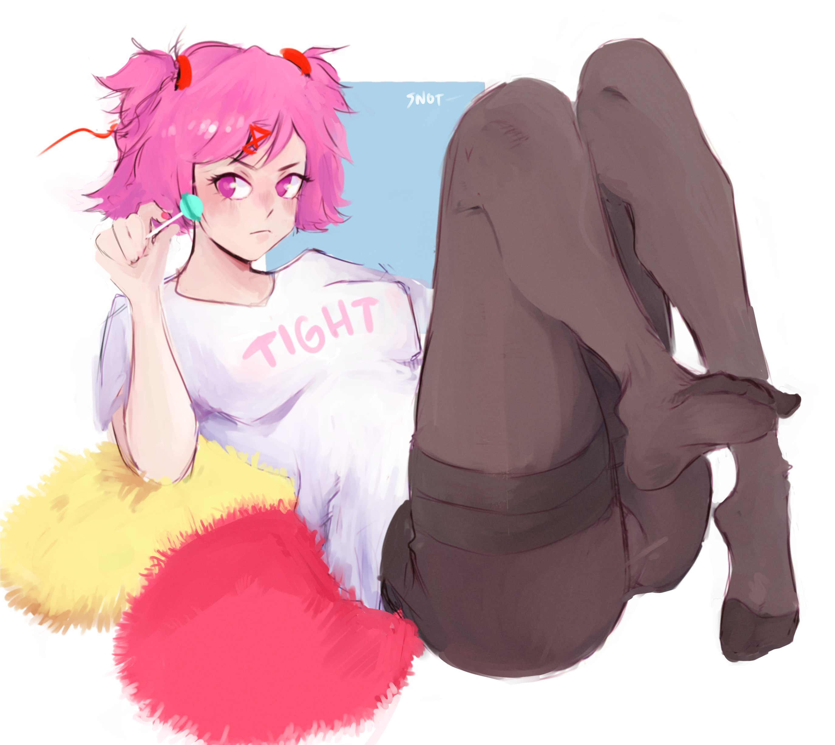1girls, clothed, clothed female, doki doki literature club, feet, female, female only, full body, hair tie, holding, holding lollipop, legwear, lollipop, matching hair/eyes, natsuki (doki doki literature club), no shoes, pantyhose, pink eyes, pink hair, retrosnot, shirt, short hair, snot (artist), soles, solo, solo female