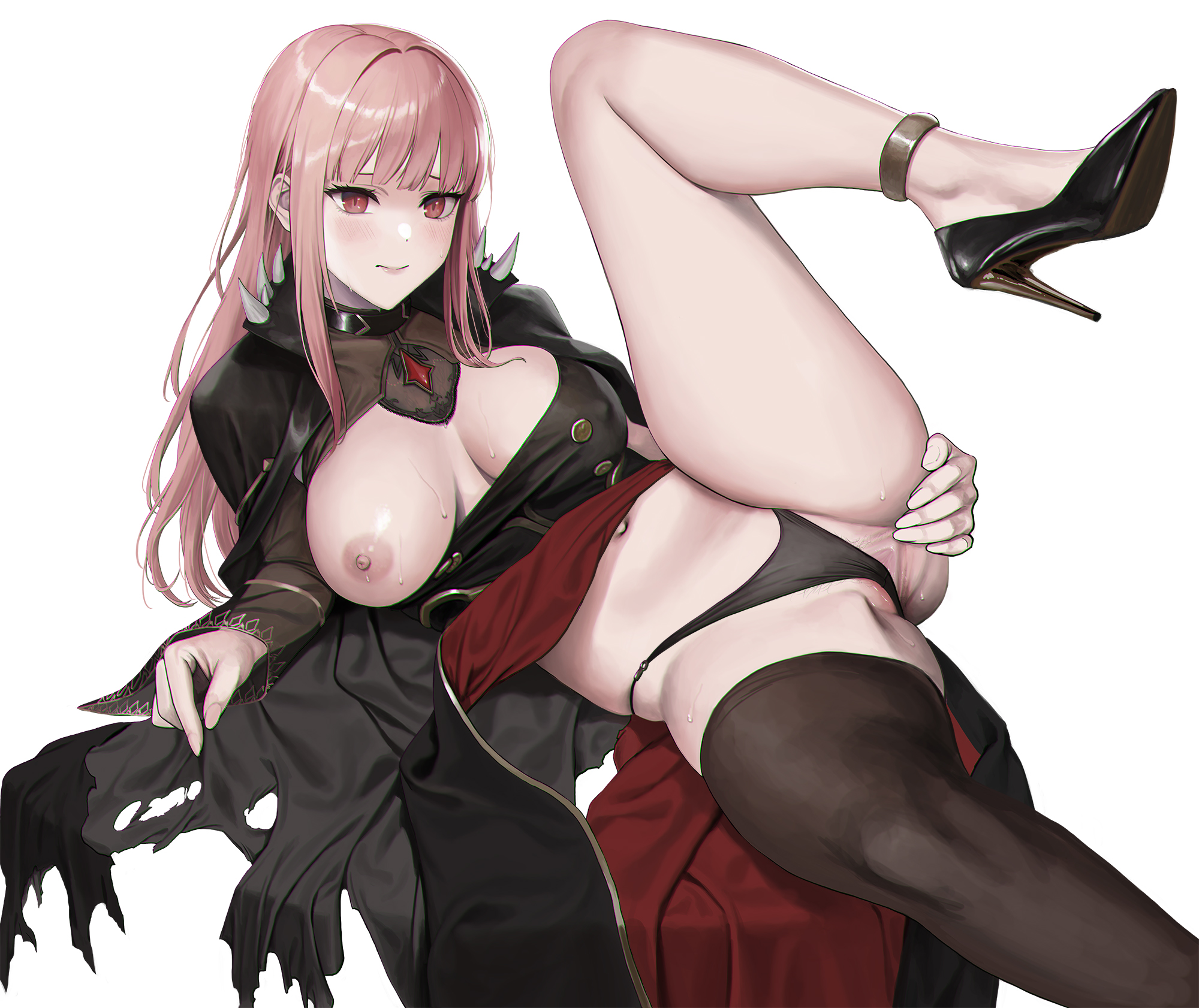 anklet, breasts, female, high heels, highres, hololive, hololive english, hololive myth, janggun, jeneral, jewelry, large breasts, lying, mori calliope, nipples, on back, pink hair, pussy, red eyes, solo, virtual youtuber