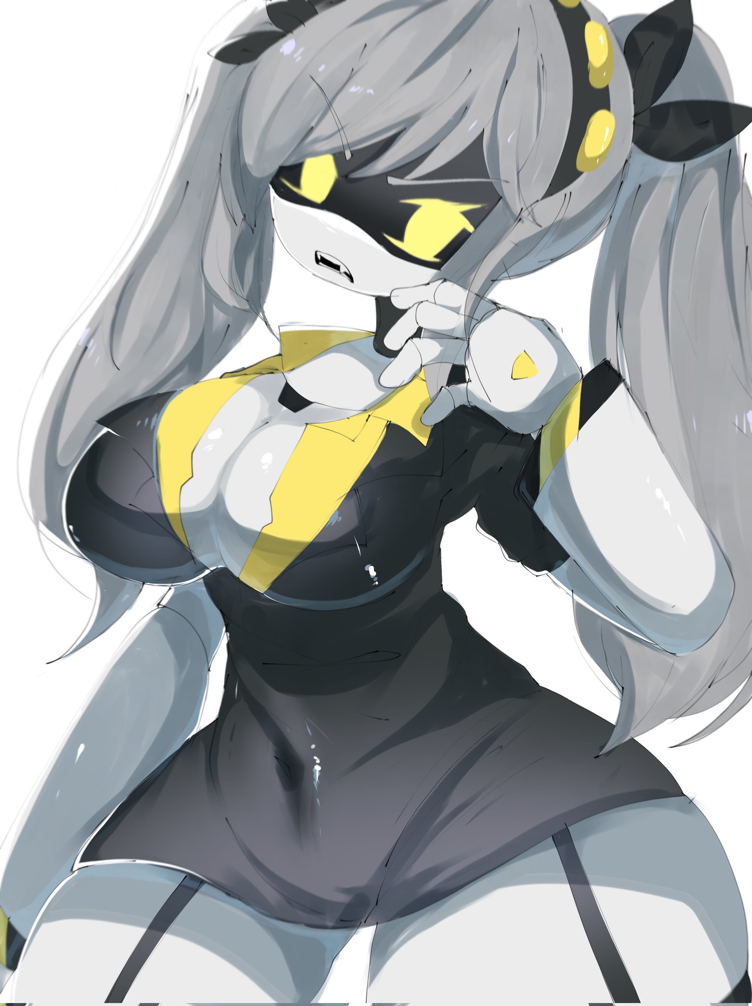 annoyed, belly button, big breasts, black bow, breasts, cleavage, curvy, fangs, female, female in suit, female only, grey hair, j (murder drones), large breasts, looking at viewer, medium breasts, mikatsu27, murder drones, pigtails, ponytail, robot, robot girl, suit, thick thighs, thigh strap, thighs, tight clothing, wide hips, yellow eyes