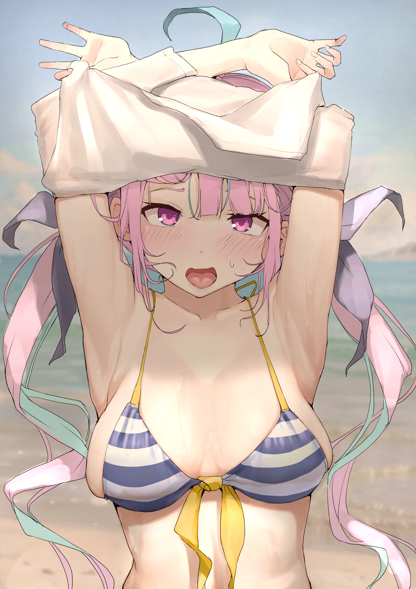 armpits, arms up, beach, bikini, bikini top, breasts, female, heavy breathing, hololive, hololive gen 2, hololive japan, large breasts, minato aqua, mitsuru (pixiv 34028718), sagging breasts, sweaty, taking clothes off, taking off shirt, tongue, tongue out, upper body, virtual youtuber, white shirt