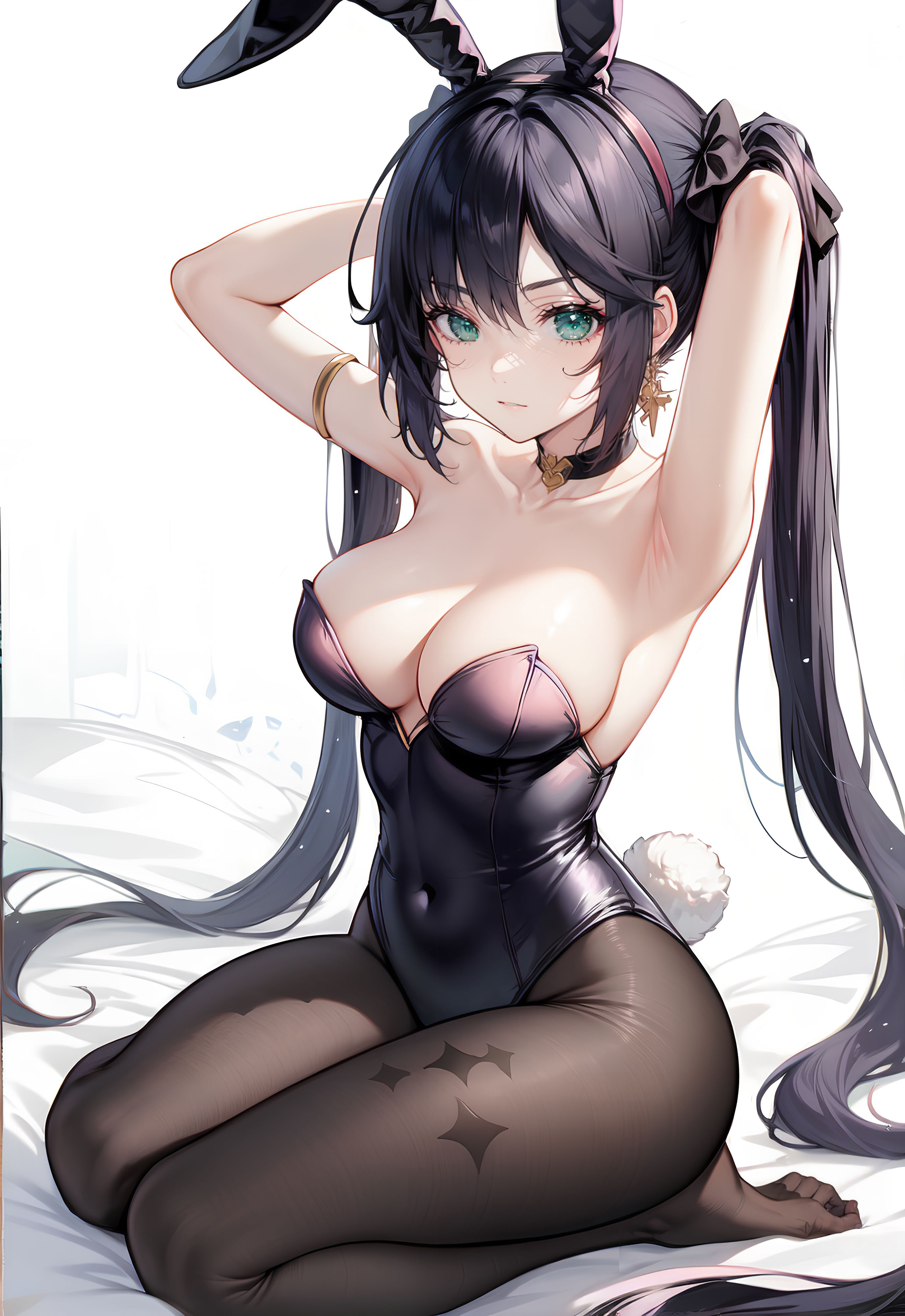 1girls, ai generated, black hair, blue eyes, breasts, bunny ears, bunny girl, bunnysuit, cleavage, female, genshin impact, mona (genshin impact), pantyhose, stable diffusion
