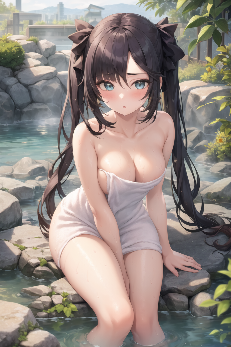 1girls, ai generated, black hair, blue eyes, breasts, cleavage, female, genshin impact, hot spring, mona (genshin impact), stable diffusion
