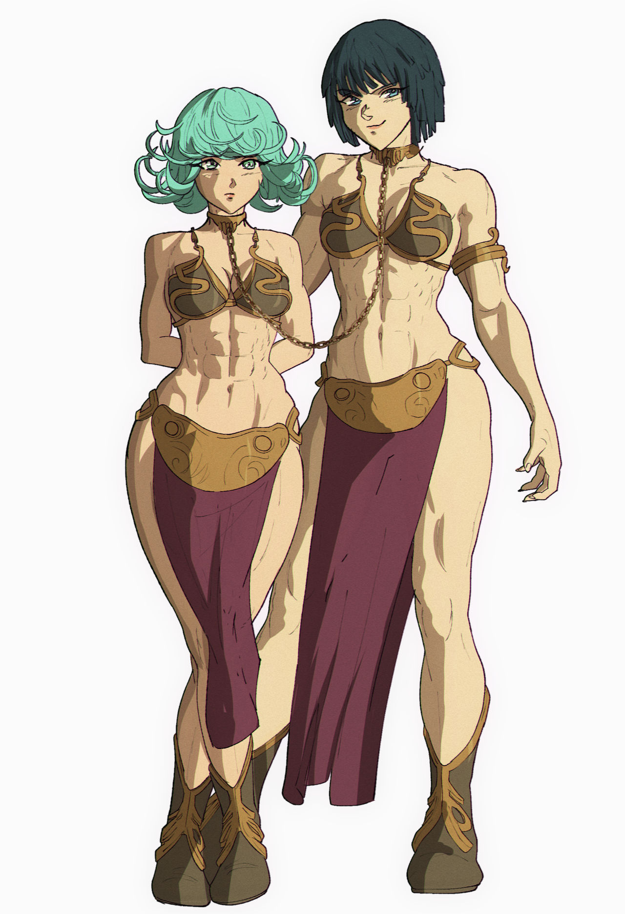 2girls, abs, arms behind back, athletic, athletic female, belly dancer, belly dancer outfit, black hair, blue eyes, bondage, boots, bound together, breasts, chain leash, chained, chained together, cleavage, collar, esper sisters, female, female only, femsub, fit, fit female, fubuki (one-punch man), green hair, harem, harem girl, harem outfit, large breasts, linked collar, loincloth, medium hair, multiple females, multiple girls, multiple subs, no artist signature, one-punch man, slave, slave bikini, slave collar, slave girl, slave leia (cosplay), slave outfit, star wars, tatsumaki, yoracrab
