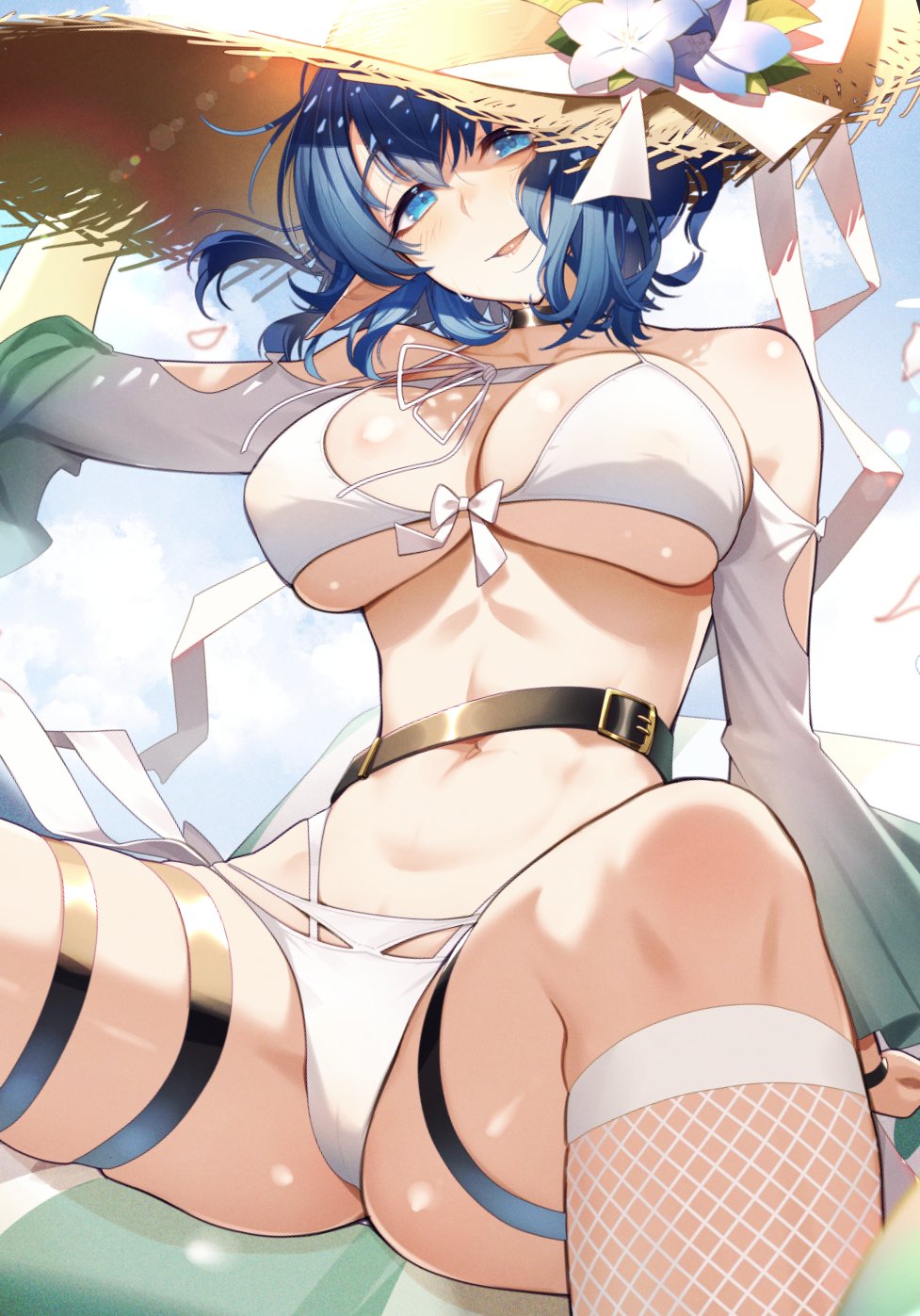 1girls bikini blue_eyes blue_hair cluseller female female_focus female_only large_breasts light-skinned_female light_skin looking_at_viewer original original_character short_hair smile smiling smiling_at_viewer soft_smile solo spread_legs straw_hat tagme white_bikini