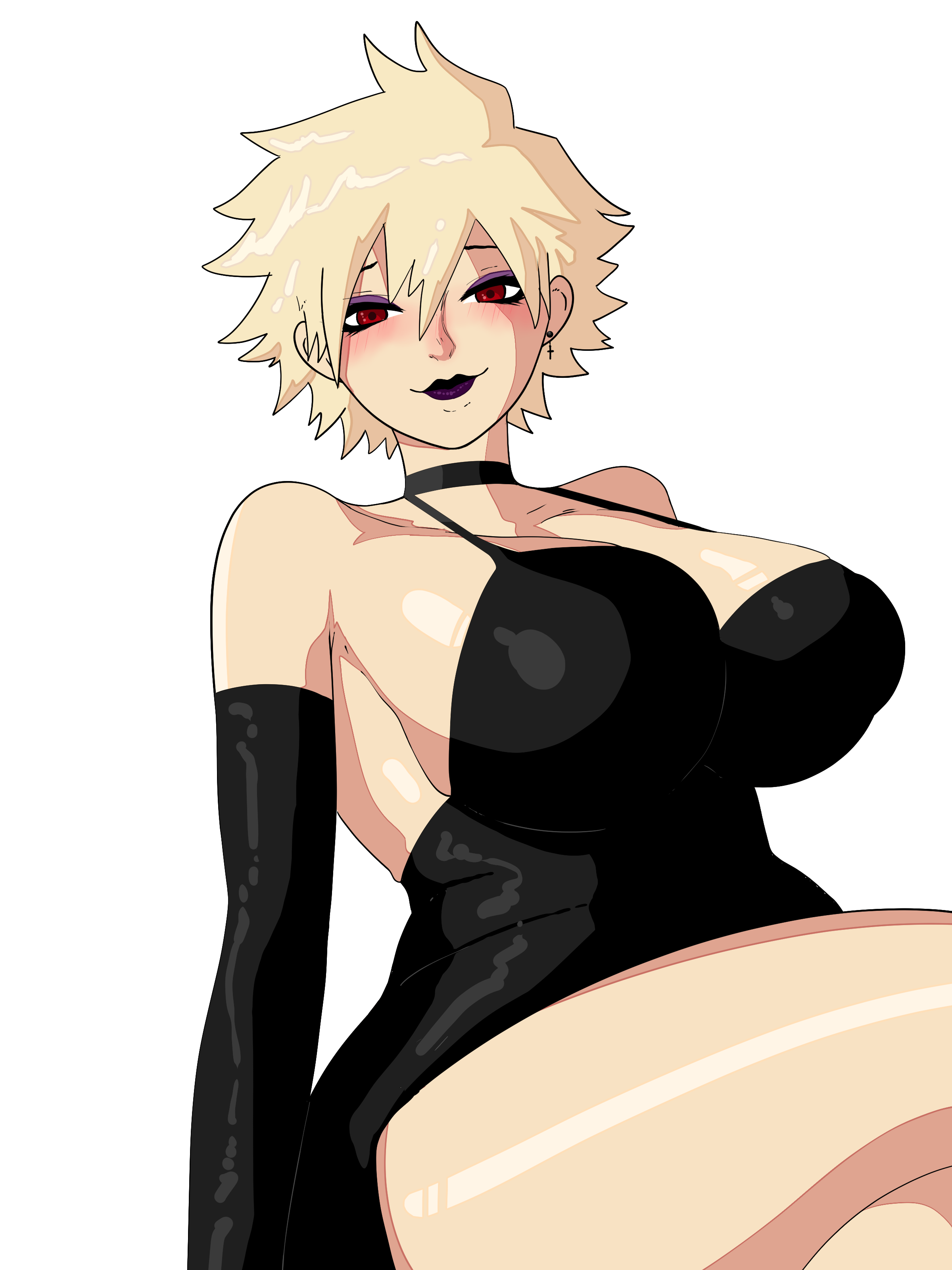 1girls, alternate version available, armwear, big breasts, black dress, black gloves, blonde hair, blush, breasts, cleavage, clothing, dress, elbow gloves, eyeshadow, female, female only, gloves, hair, huge breasts, lips, lipstick, looking at viewer, mature, mature female, milf, mitsuki bakugou, mother, my hero academia, purple eyeshadow, purple lips, purple lipstick, red eyes, skinny argonian, solo, solo female, thick lips, thighs