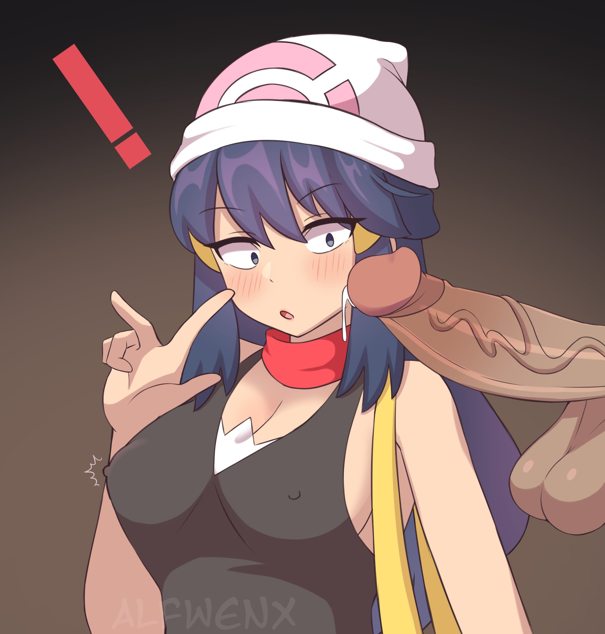 !, alfwenx, blush, breasts, clothed female nude male, cum drip, dawn (pokemon), erect nipples, female, huge cock, large breasts, looking at penis, male, nipples, penis, penis awe, penis on cheek, pokemon, pokemon dppt