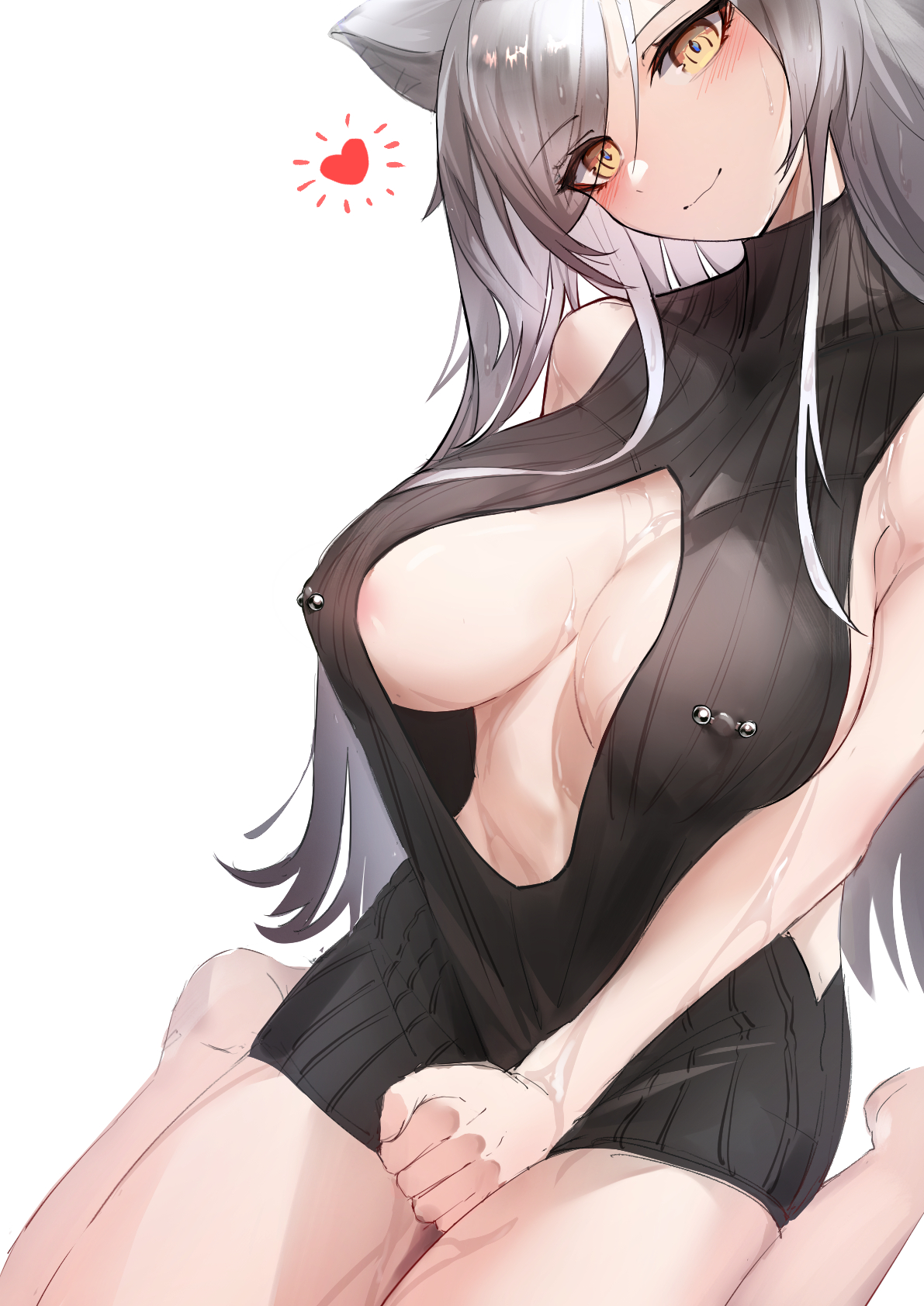 1girls, 2023, animal ears, arknights, blush, breasts, cat ears, cat girl, catgirl, female, grey hair, heart, hi res, kemonomimi, kneeling, light skin, light-skinned female, long hair, looking at viewer, nipple piercing, nipples, no bra, pierced nipples, piercing, piercings, schwarz (arknights), simple background, smile, solo, sweater, virgin killer sweater, yellow eyes, yunlingluo