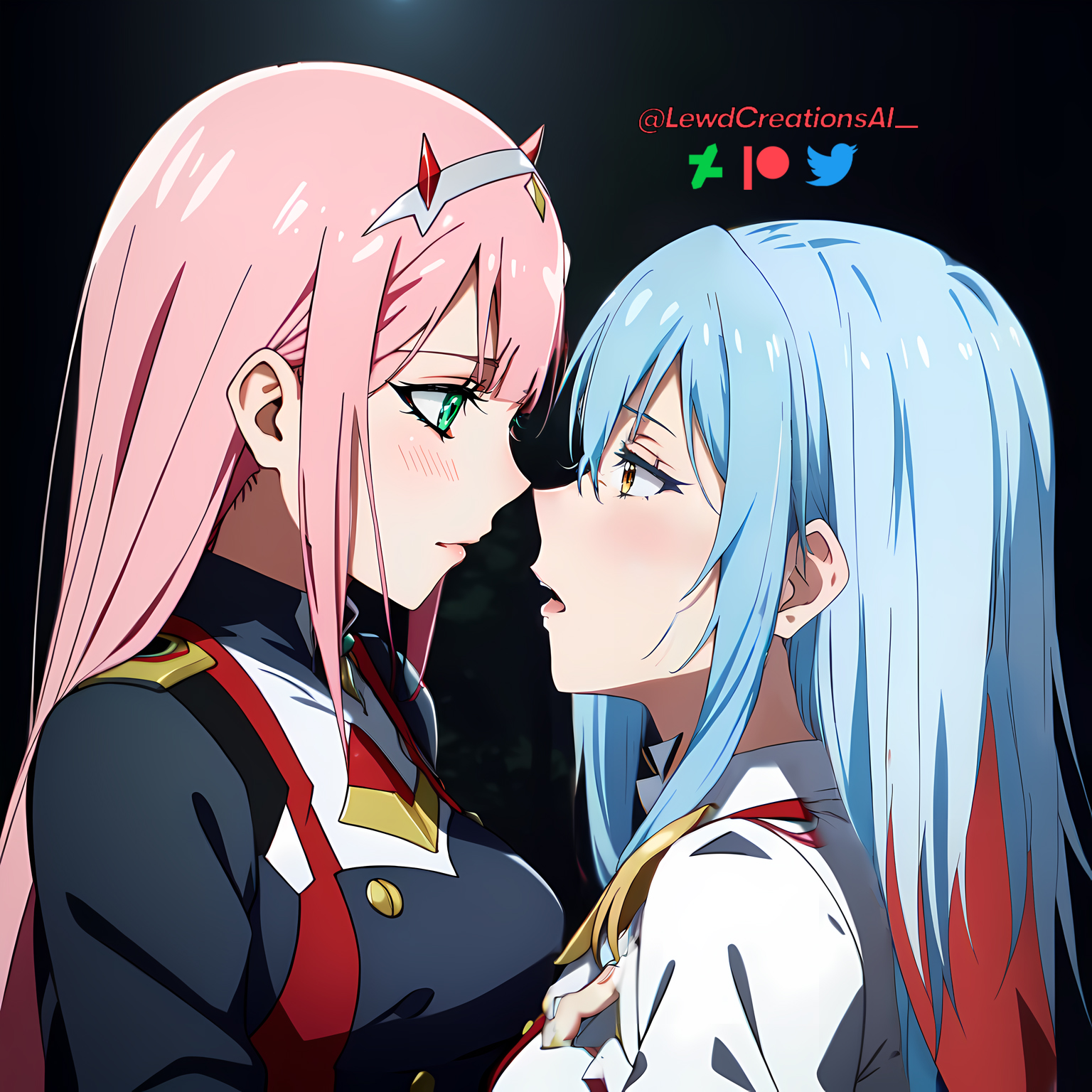 2girls, ai generated, big breasts, blue hair, blush, breasts, crossover, darling in the franxx, female, female only, golden eyes, green eyes, kissing, lesbian couple, lesbian kiss, lewdcreationsai, looking at viewer, open mouth, pink hair, rimuru tempest, tensei shitara slime datta ken, yellow eyes, yuri, zero two (darling in the franxx)