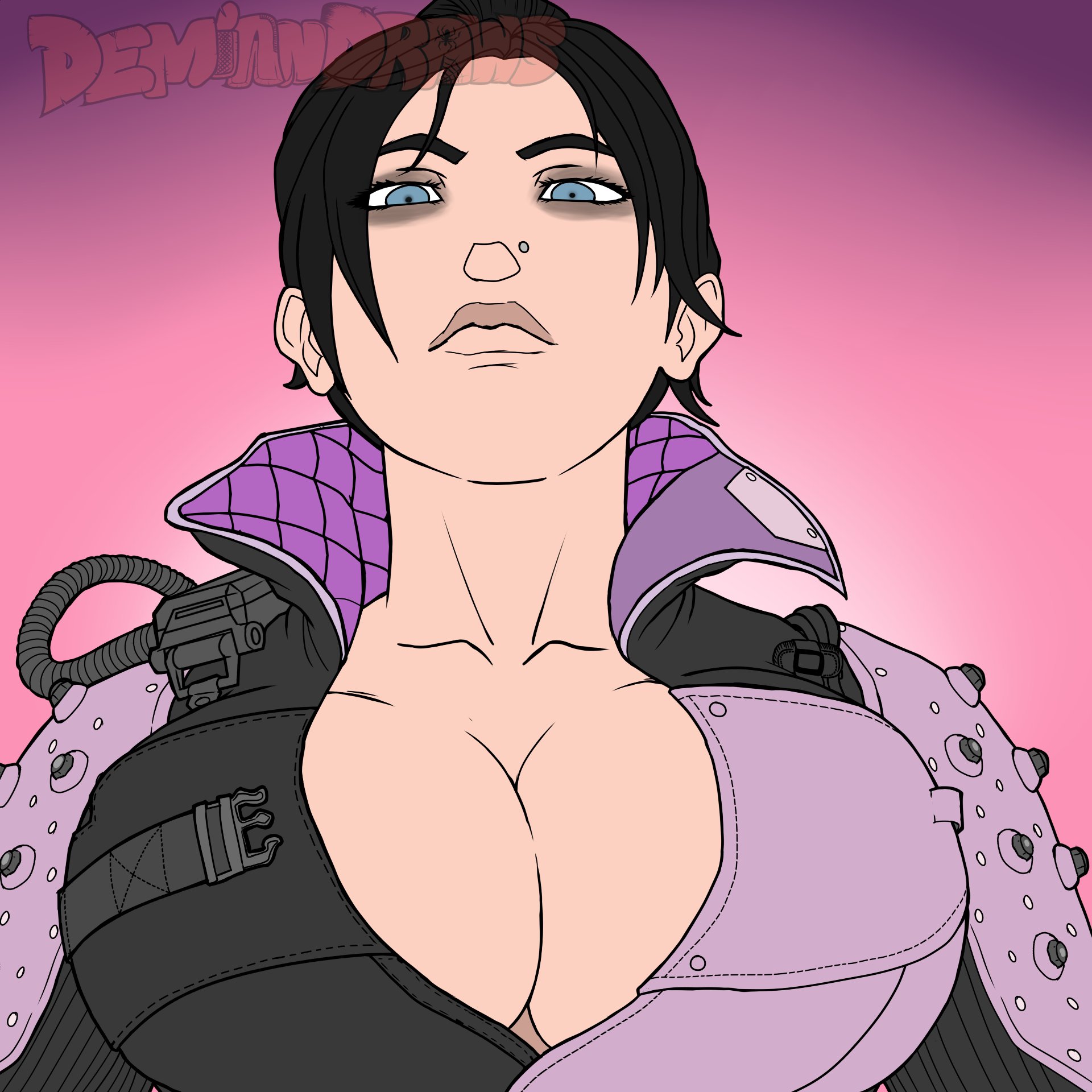 apex legends, big breasts, black hair, blue eyes, breast squeeze, breast squish, breasts, breasts out, demiandraws, female, jumpsuit, looking at another, looking at viewer, looking down, skin tight, skinsuit, thick, tight clothes, tight clothing, wraith (apex legends)