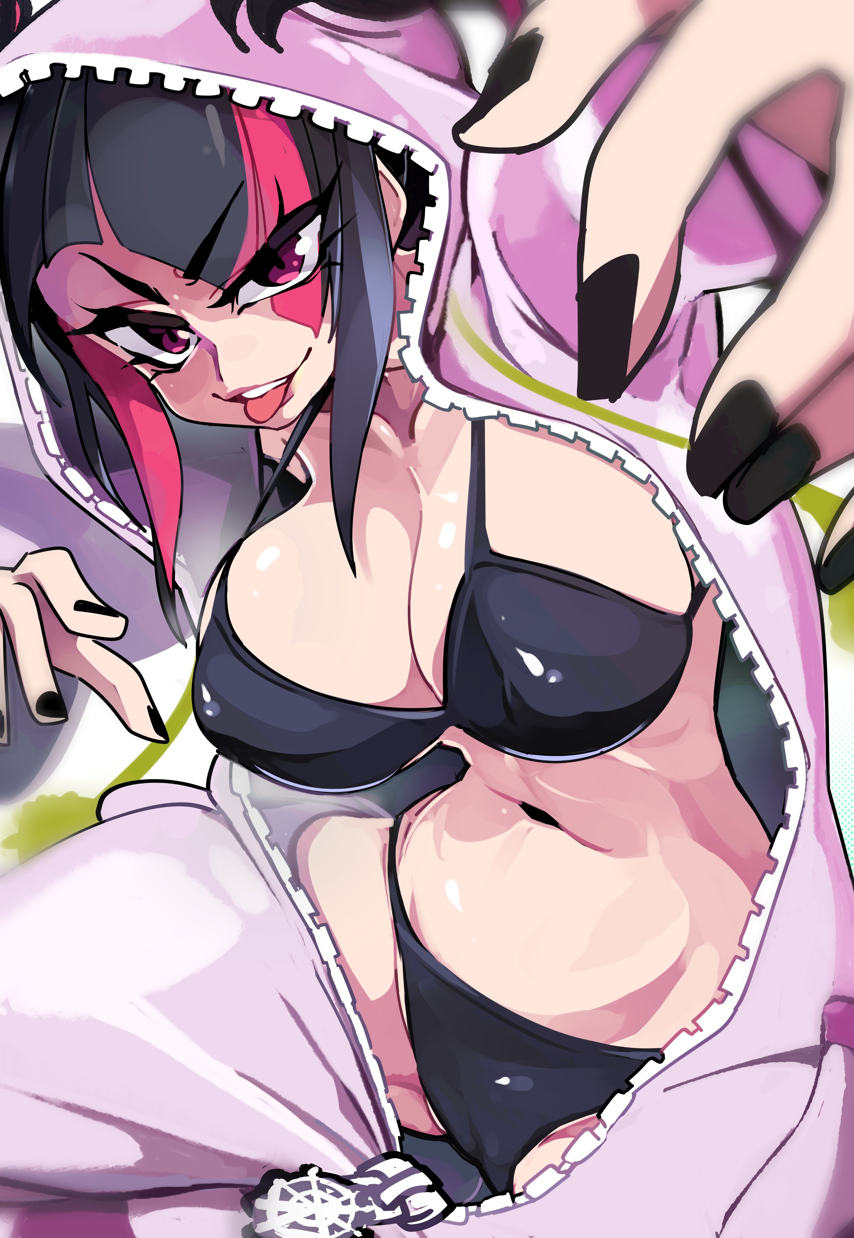 1girls, absurd res, big breasts, bikini, black fingernails, black hair, bongfillstudent, breasts, capcom, female, female only, highlights (coloring), hood, juri han, looking at viewer, open clothes, pajamas, pink highlights, purple eyes, smiling, smiling at viewer, solo, solo focus, street fighter, street fighter 6, tongue, tongue out