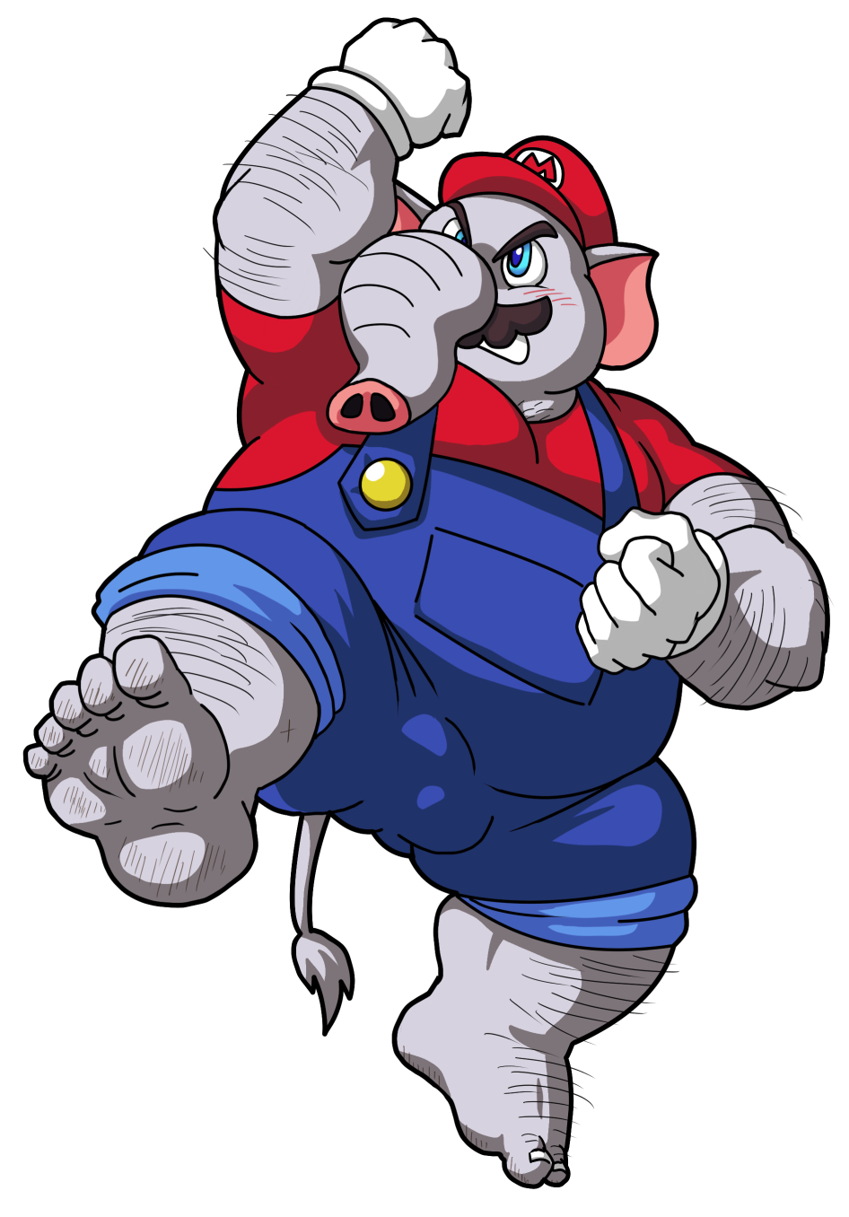 2023 anthro blush bulge clothing elephant elephant_mario elephantid facial_hair feet genital_outline gloves grey_body handwear hi_res kemono kimagure_monja male male_only mammal mario mario_(series) moustache musclegut nintendo overalls overweight overweight_male penis_outline proboscidean shirt solo super_mario_bros._wonder topwear