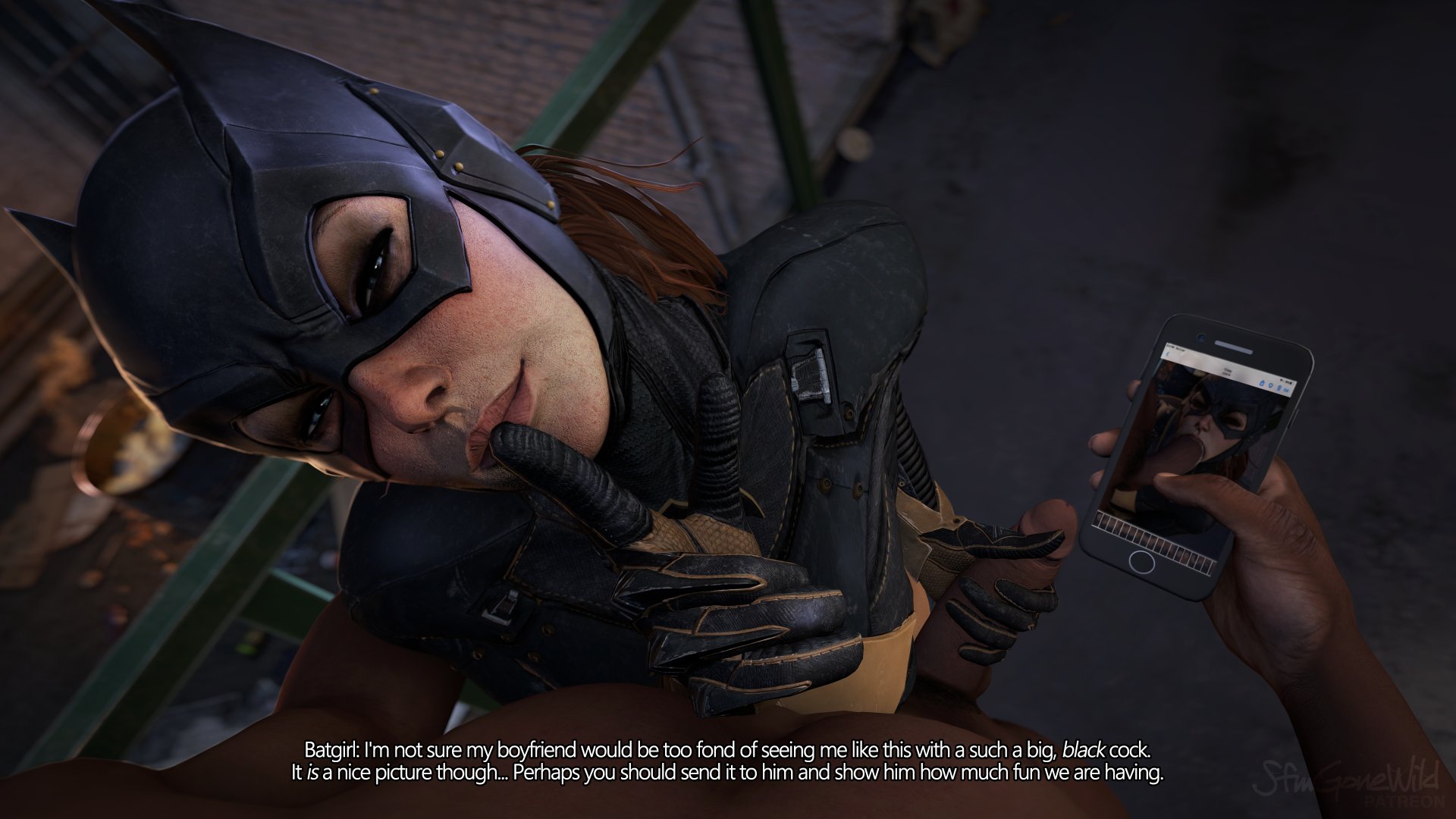 1boy, 1girls, 3d, barbara gordon, batgirl, batgirl (arkham knight), batman (series), batman: arkham knight, black gloves, completely naked, completely nude, dark skin, dark-skinned male, dc, dc comics, fellatio, female, gloved handjob, gloves, hand on penis, handjob, handjob with gloves, holding penis, interracial, male, nude, nude male, partial male, pov, seductive, sfmgonewild, talking to viewer, touching penis