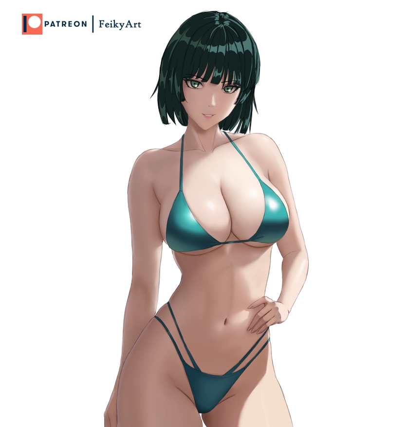 1girls, big breasts, bikini, bikini bottom, bikini top, bottomwear, breasts, cleavage, dark green hair, feikyart, female, female only, fubuki (one-punch man), green bikini, green eyes, green hair, hair, hand on hip, huge breasts, lips, looking at viewer, one-punch man, short hair, smile, solo, solo female, swimwear, topwear, white background